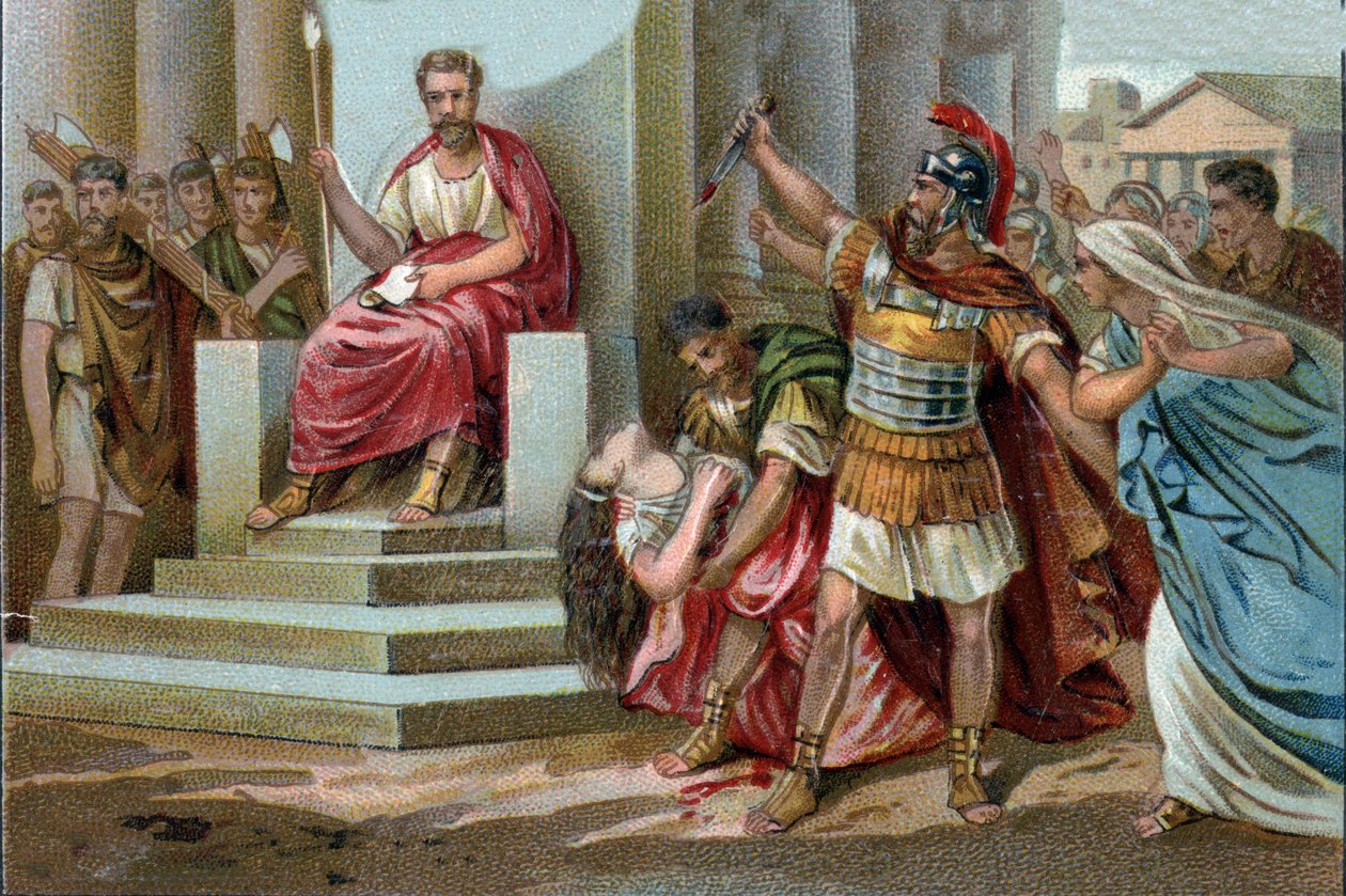 Der Tod der Virginia. Im Jahr 449 v. Chr. beansprucht Appius Claudius, Decemvir unter der Römischen Republik, Virginia, die Tochter des Zenturios Virginius, als seine Sklavin. Er missbraucht seine Macht und lässt sie festnehmen. von Unknown artist