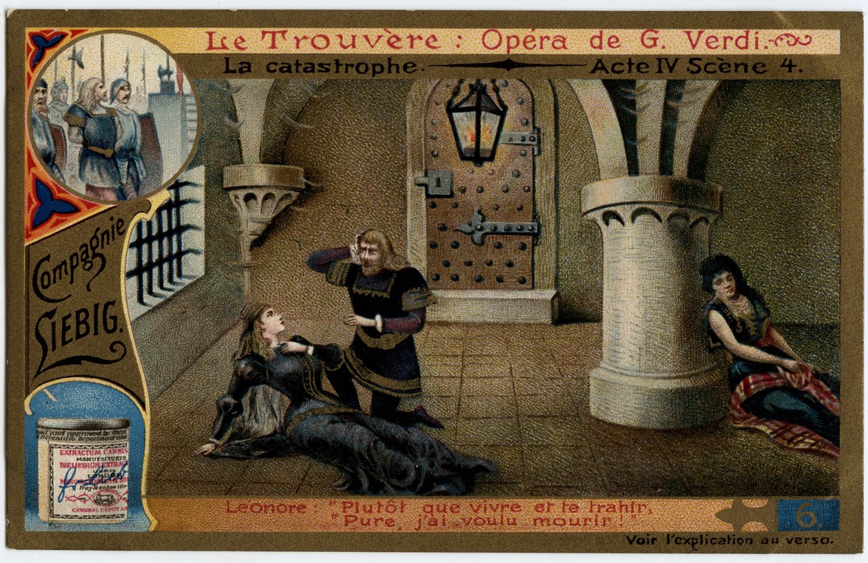 Die Katastrophe Akt IV Szene 4. Illustration zur Oper „Il trovatore“ von Giuseppe Verdi (1813-1901). Chromolithographie (Chromo) Liebig aus dem späten 19. Jahrhundert. von Unknown artist