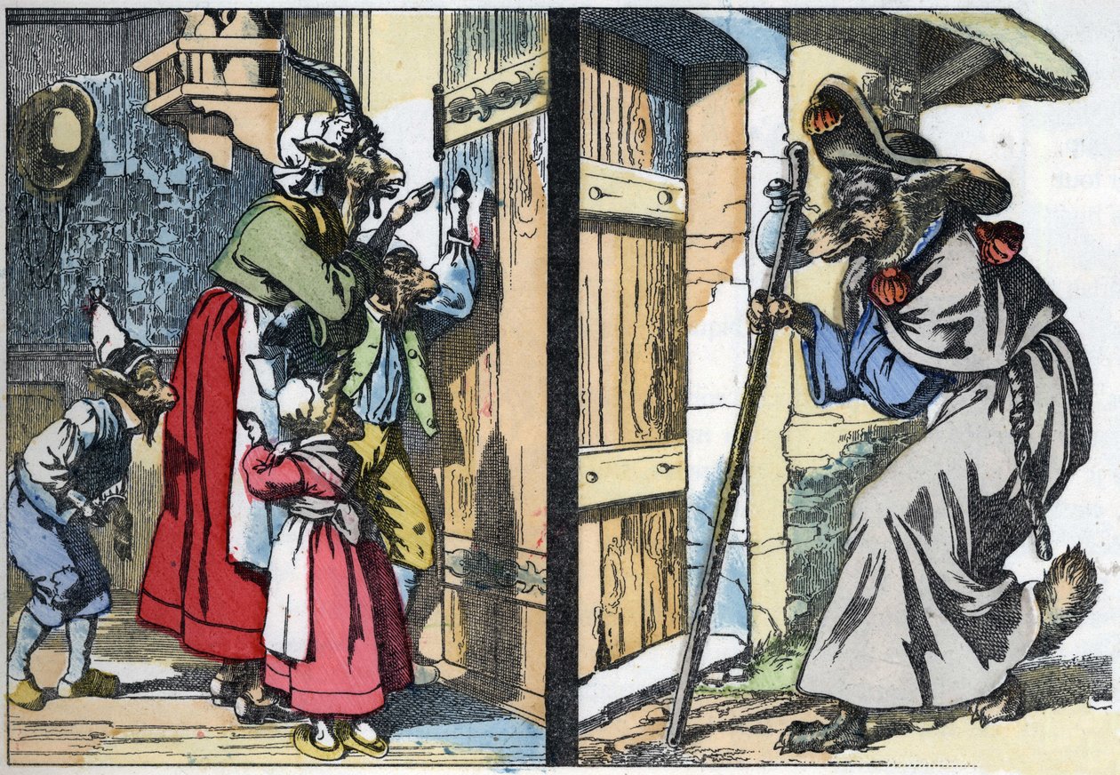 Der verkleidete Wolf klopft an die Tür des Hauses mit der Ziege und den Geißlein. Illustration des Märchens „Compere le Loup, Maitre Renard, Comere la Chevre et ses petits biquets“ nach einer Fabel von Jean de la Fontaine. In „Tales from the home for the l von Unknown artist