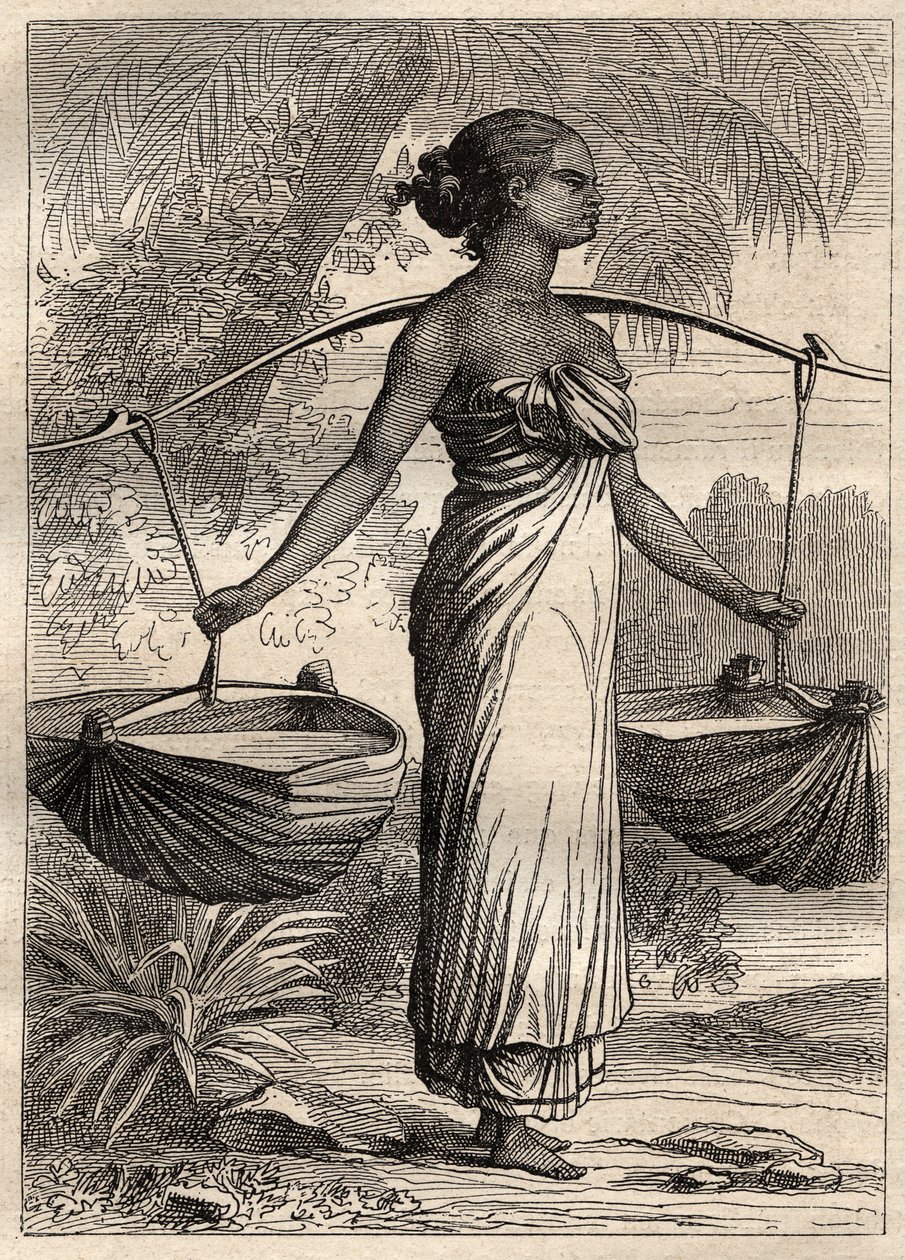 Die Expedition um die Welt (1790-1792) von Kapitän Étienne Marchand (1755-1793): Wasserträger in Timor (Osttimor, Indonesien) - Illustration aus „Die großen Seefahrer des 18. Jahrhunderts“ von Unknown artist
