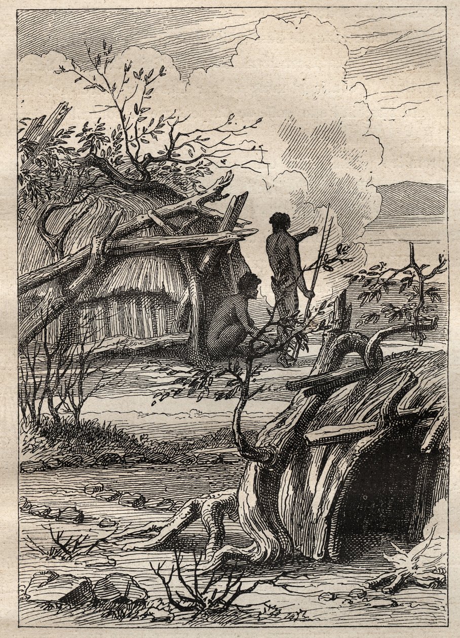Die Expedition um die Welt (1790-1792) von Kapitän Etienne Marchand (1755-1793): indigene Hütten des Landes Enddacht (Australien) - Illustration aus „Die großen Seefahrer des 18. Jahrhunderts“ von Unknown artist