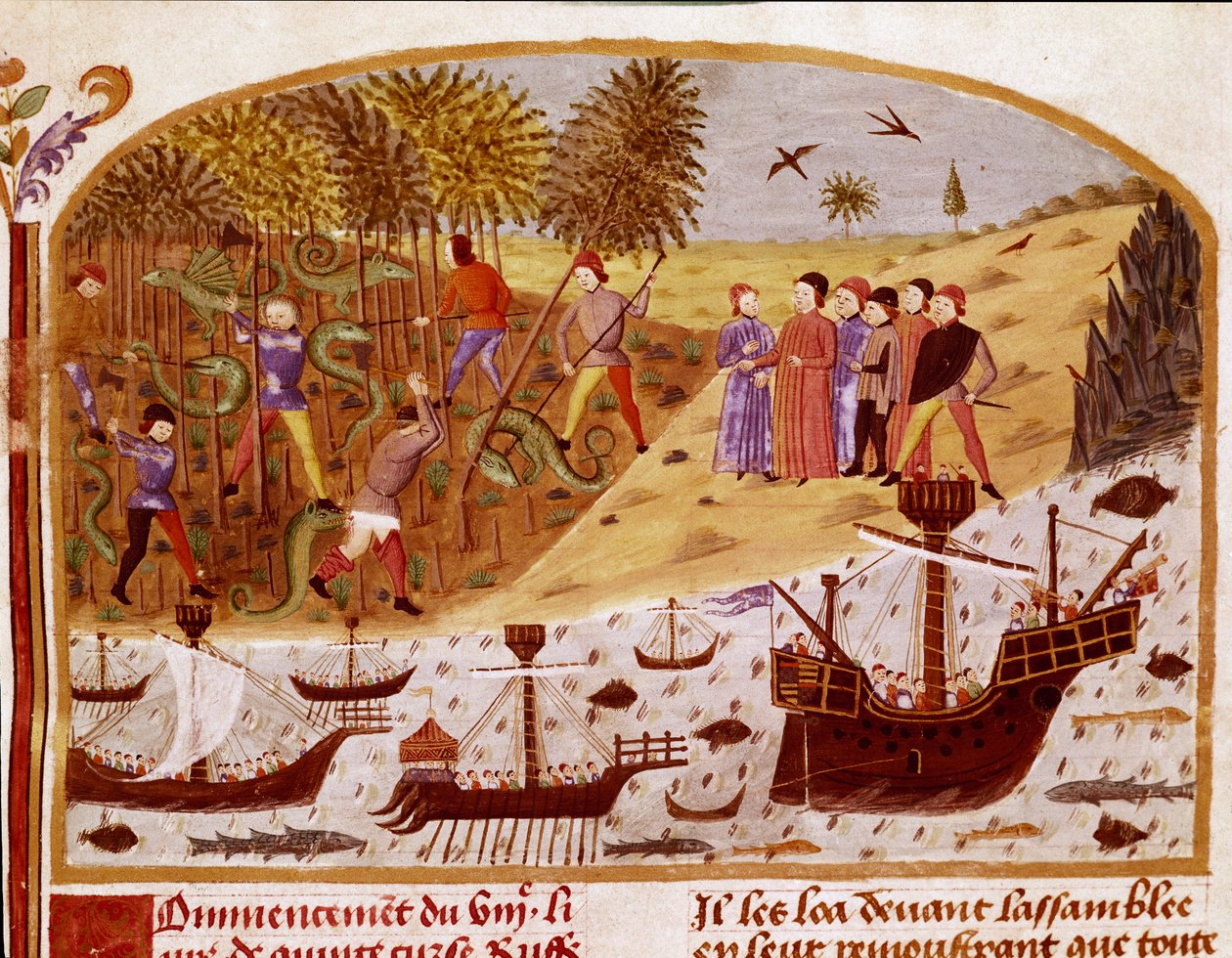 Die Flotte von König Alexander dem Großen. Miniatur aus „Buch der Taten Alexanders des Großen“ von Quintus Curtius Rufus (Quinte Curce) (1. Jahrhundert), um 1468 - (Ms 1335) Reims, Stadtbibliothek von Unknown artist