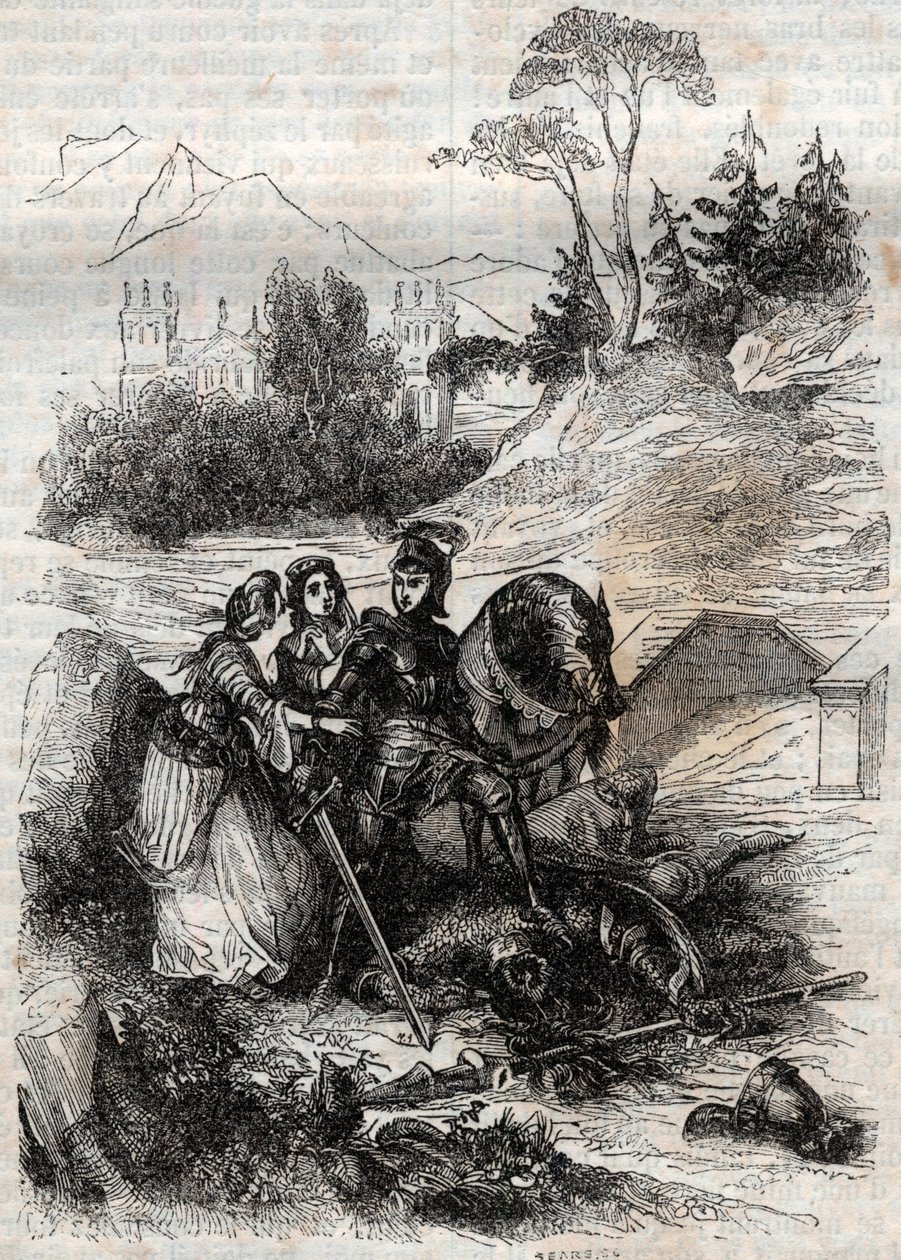 Der Riese Eriphile wird von Roger besiegt - Gravur von 1851 aus „Furioser Roland“ (Orlando furioso) (16. Jahrhundert) von Ludovico Ariosto, bekannt als der Ariosta - Ausgabe übersetzt aus dem Italienischen von Graf von Tressan und veröffentlicht von Gustav von Unknown artist