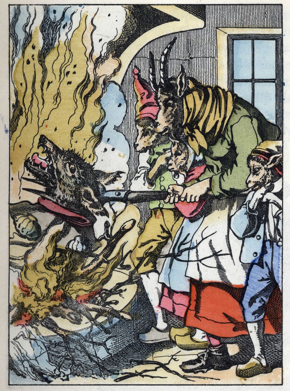 Die Ziege tötet den Wolf im Kamin. Illustration des Märchens „Compere le Loup, Maitre Renard, Comere la Chevre et ses petits biquets“ nach einer Fabel von Jean de la Fontaine. In „Märchen aus dem Heim für die Kleinen“. Anonyme Gravur des 19. Jahrhunderts. von Unknown artist