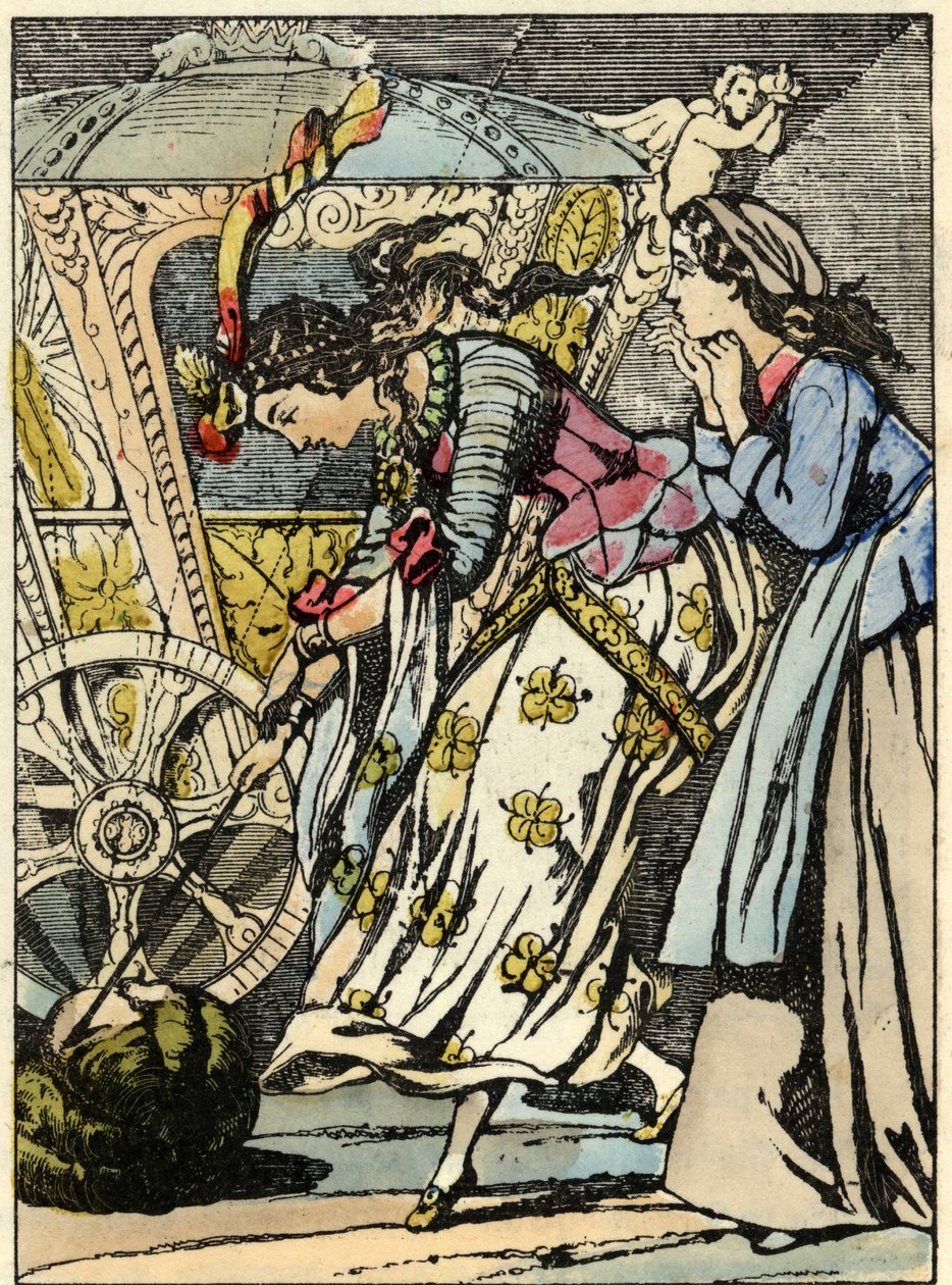 Die gute Fee verwandelt den Kürbis in eine Kutsche vor Aschenputtels Augen. Illustration aus Charles Perraults Märchen „Aschenputtel oder Der kleine Glasschuh“ von Unknown artist