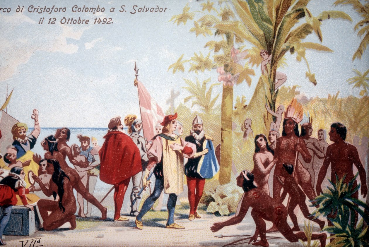 Die Landung von Christoph Kolumbus in San Salvador (Bahamas) am 12.10.1492. Chromolithographie 19. Jahrhundert. von Unknown artist