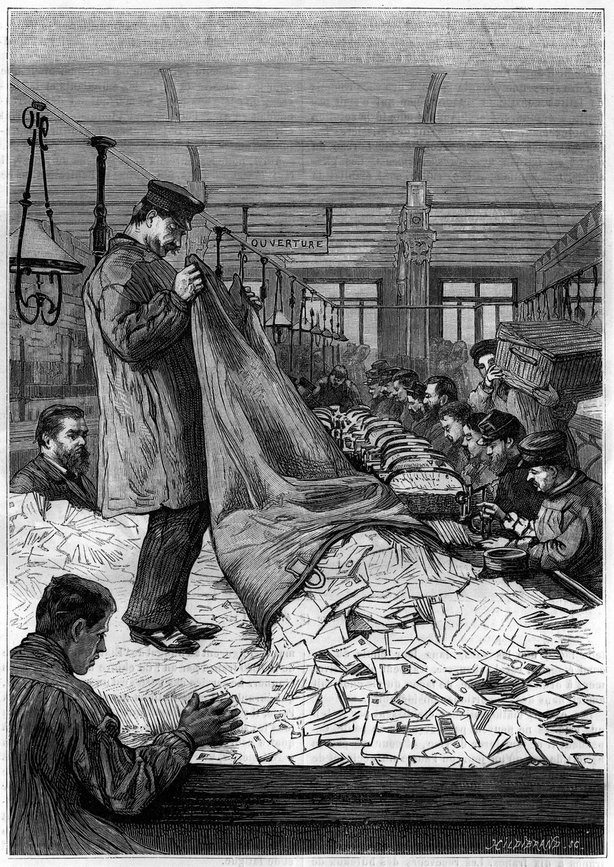 Die großen Tische der Briefe in den Sortierzentren des Hôtel des Postes in der Rue du Louvre in Paris. Gravur im Journal „La jeunesse“ von Unknown artist