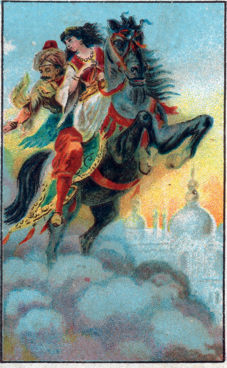 Die Flucht. Märchen „Geschichte des verzauberten Pferdes“ in „Tausendundeine Nacht“. Chromolithographie aus dem späten 19. Jahrhundert. von Unknown artist