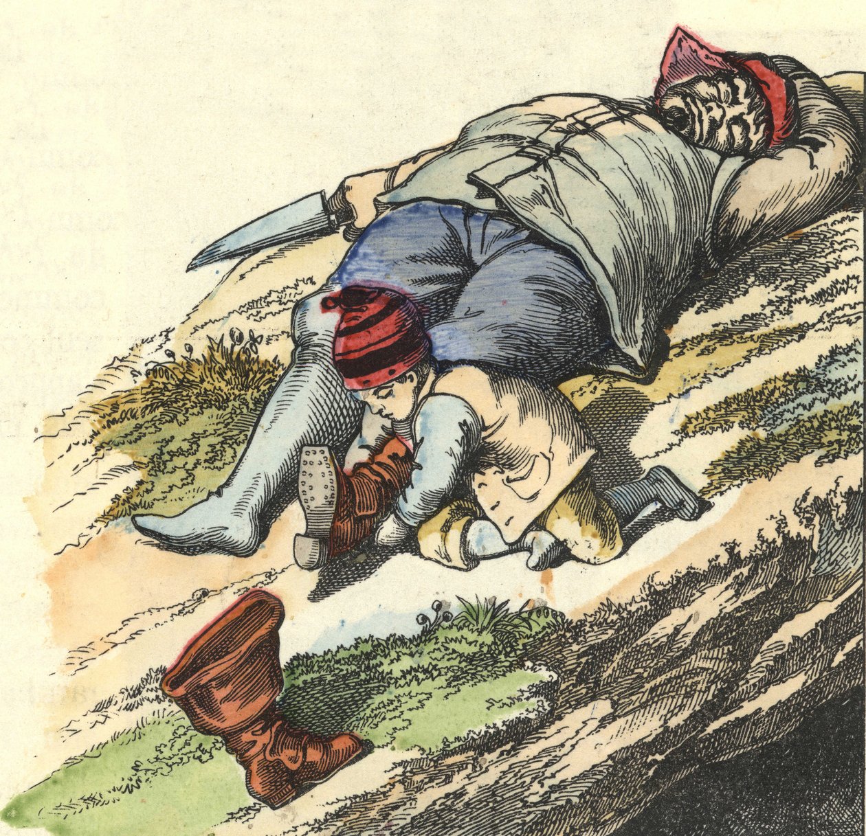 Der kleine Däumling stiehlt dem schlafenden Oger die Siebenmeilenstiefel. Illustration des Märchens „Le Pepetit Poucet“ von Charles Perrault von Unknown artist