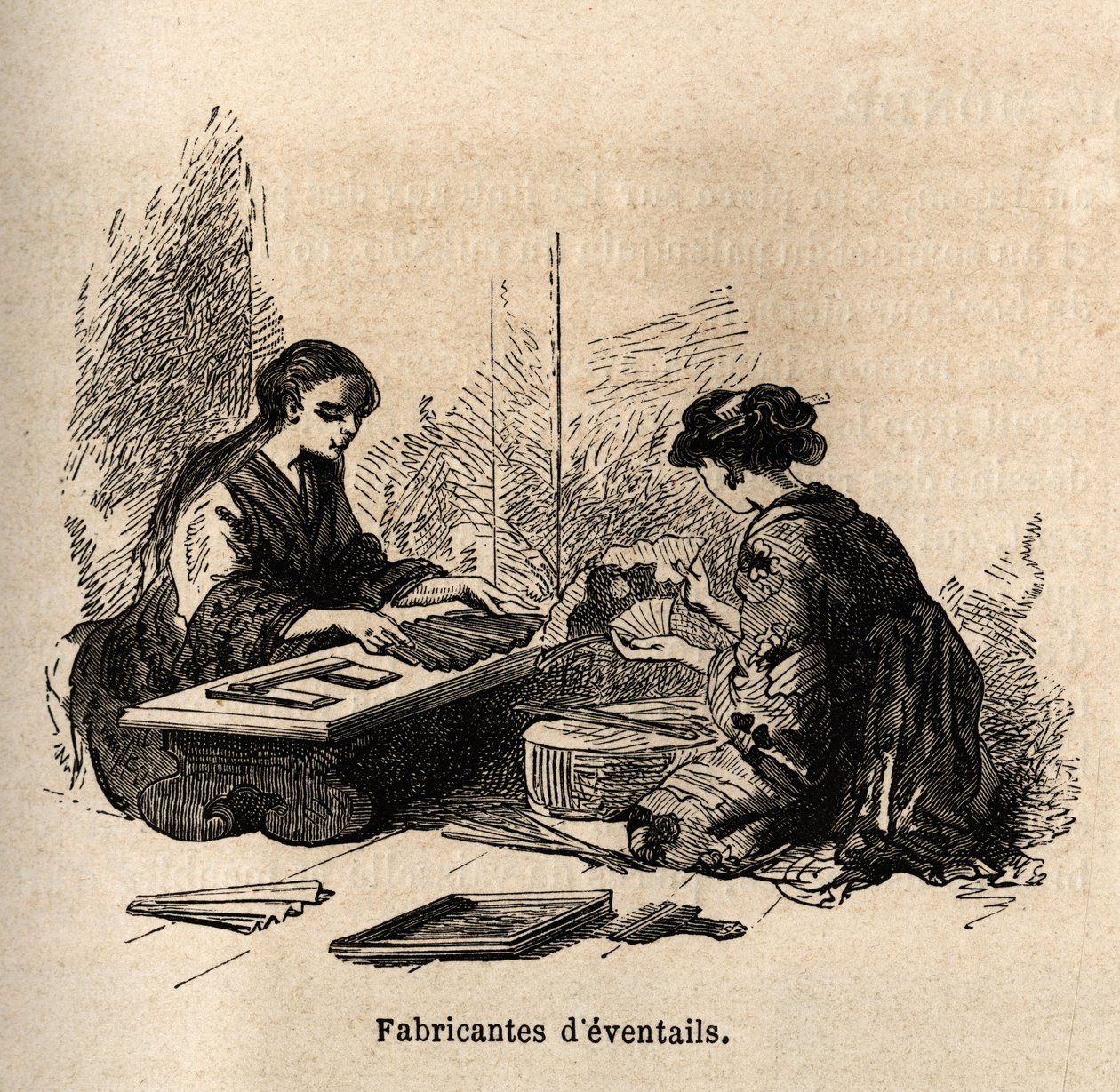 Die Herstellung von Fächern. Gravur zur Illustration der Reise nach Japan in den Jahren 1863-1864 von Aimé Humbert, Minister der Schweizerischen Eidgenossenschaft, in „Le tour du monde, nouveau journal des voyages“, herausgegeben von Edouard Charton von Unknown artist