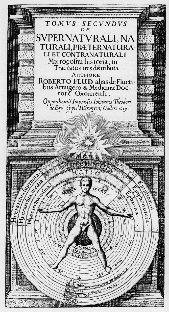 Der Mikrokosmos und der Makrokosmos - Allegorische Darstellung der Position des Menschen im Universum (Vitruvianischer Mensch): Beziehung des Menschen (Mikrokosmos) zum Makrokosmos, symbolisiert durch die Sphären der Sonne, des Mondes und der Planeten, ver von Unknown artist