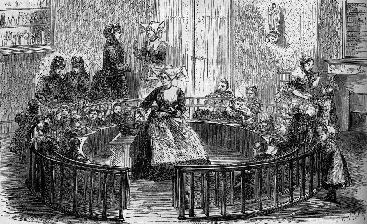 Die Kinderkrippe der Crèche Sainte Eugénie in der Rue de Crimée in Paris 1870 von Unknown artist