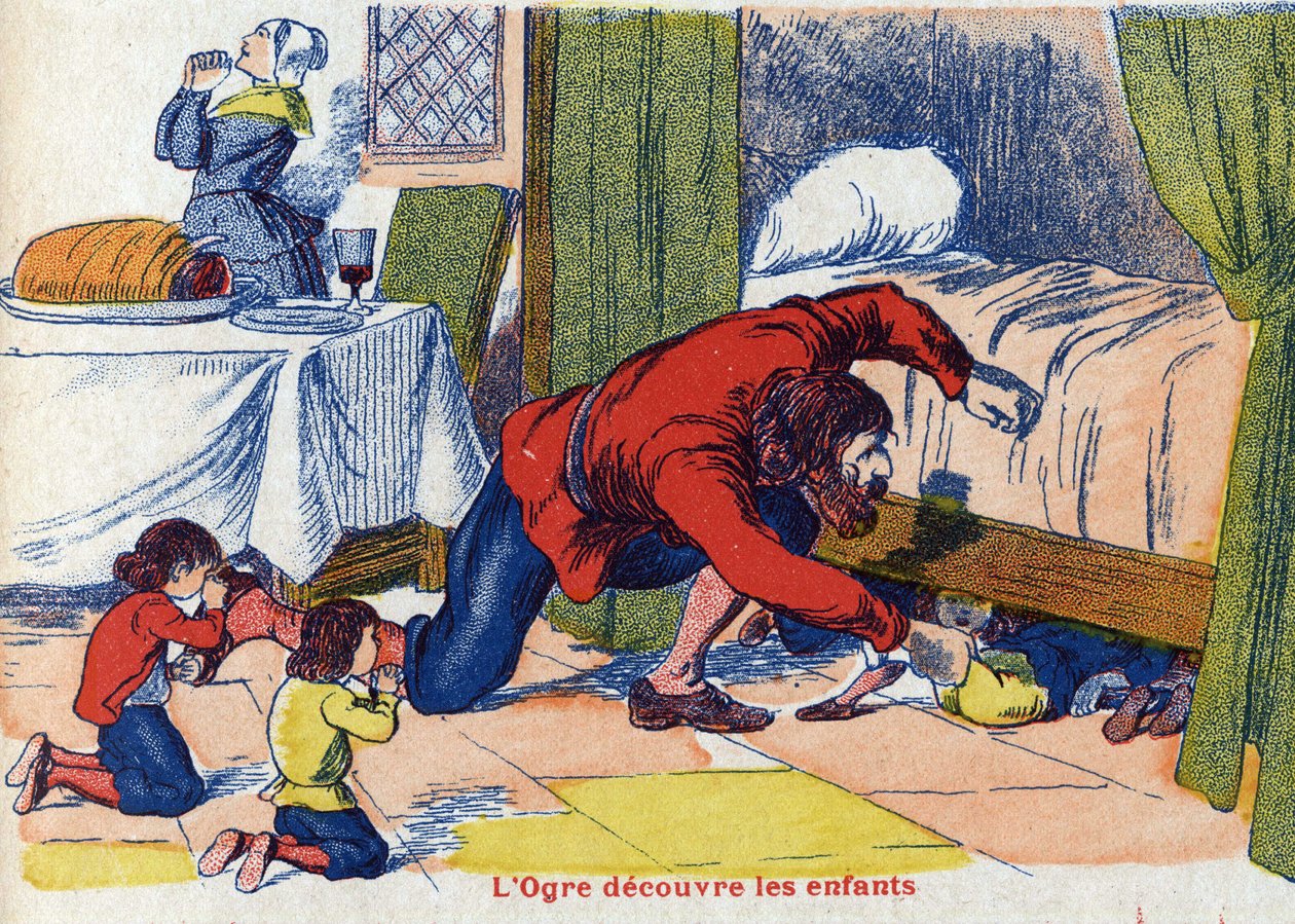 Der Oger entdeckt die Kinder. Illustration für „Le Pepetit poucet“, Märchen von Charles Perrault (1628-1703), französischer Schriftsteller. Anonyme Illustration. Bildmaterial Marcel Vagne, Jarville Nancy, undatiert (spätes 19. Jahrhundert) von Unknown artist