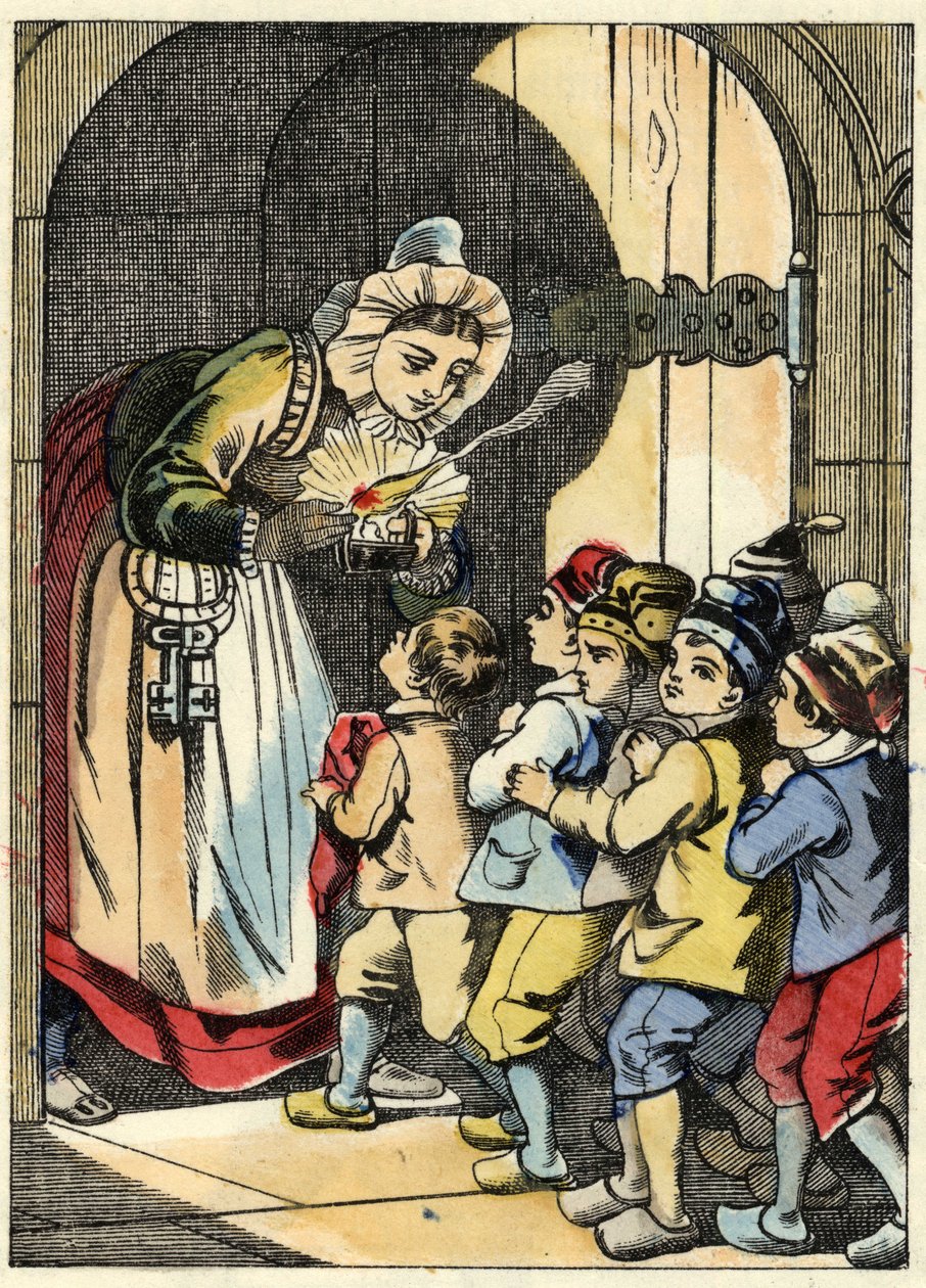 Die Frau des Ogers öffnet dem kleinen Poulet und seinen Brüdern die Tür. Illustration aus dem Märchen „Der kleine Däumling“ von Charles Perrault von Unknown artist