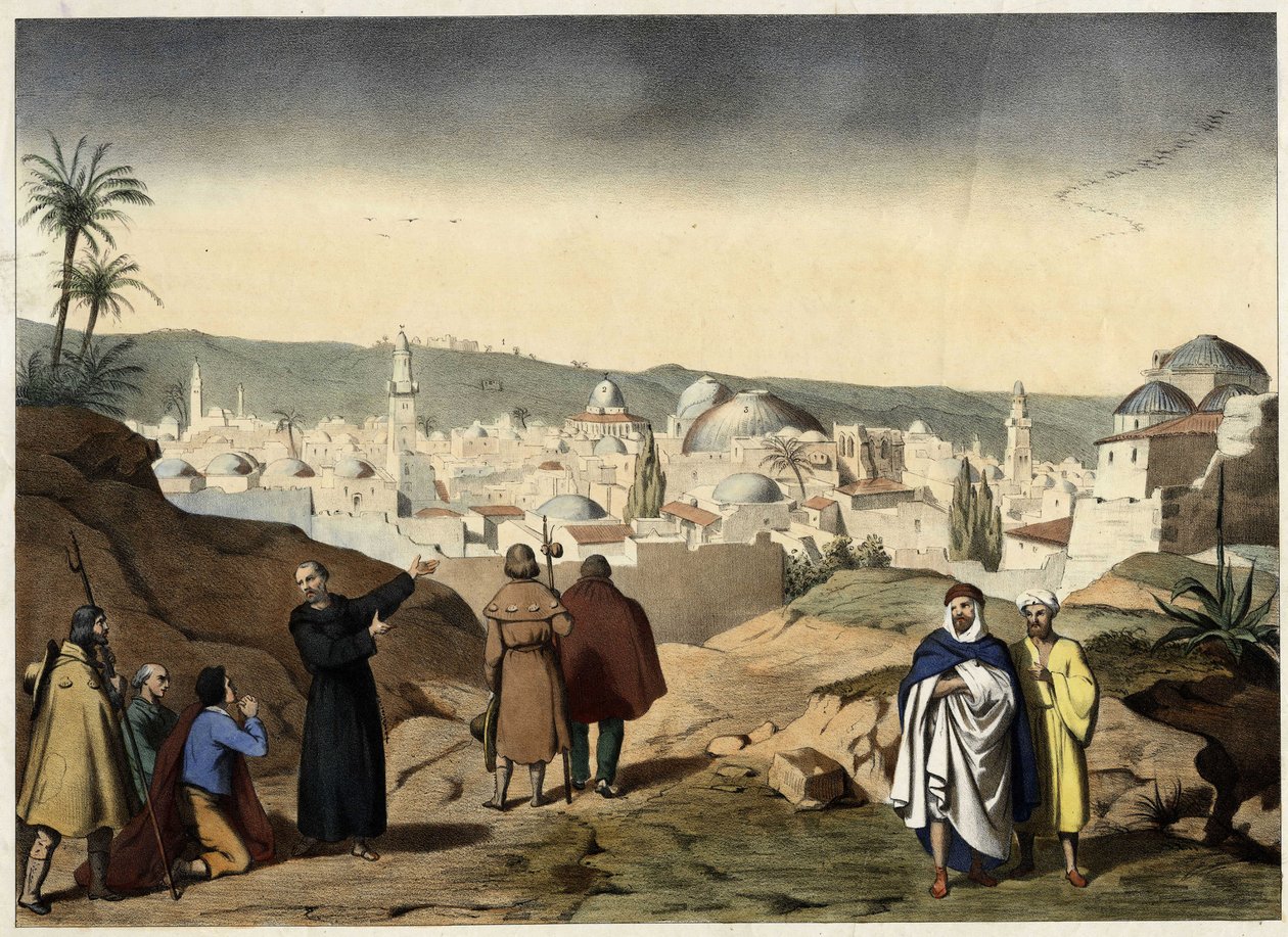Die Pilger erreichen die Stadt Jerusalem. Anonyme Gravur aus der Mitte des 19. Jahrhunderts - in „Grand Catéchisme des Familles“. von Unknown artist