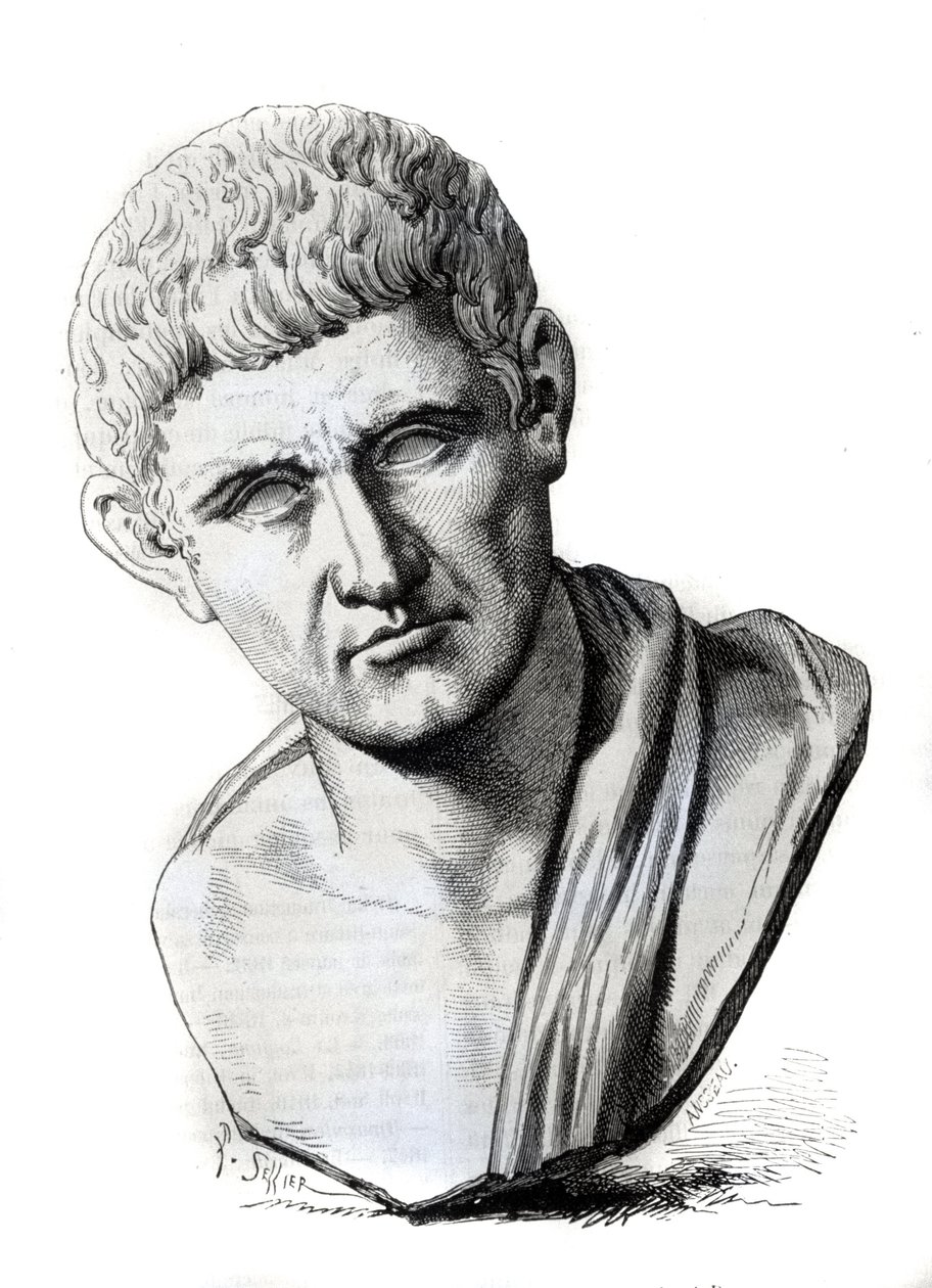 Der Philosoph Aristoteles (384-322 v. Chr.) nach einer Skulptur im Palazzo Spada in Rom. Gravur des 19. Jahrhunderts von Unknown artist