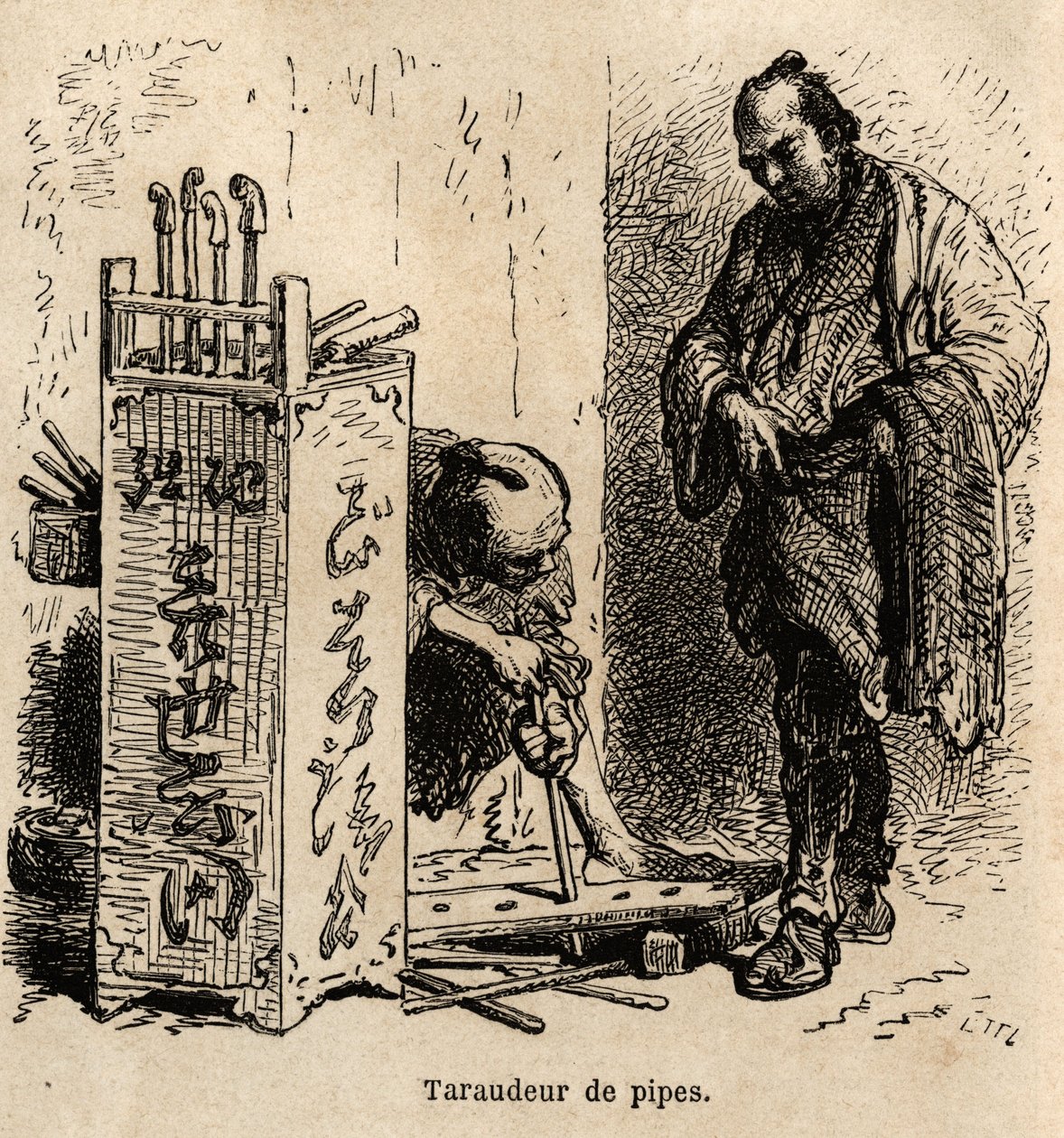 Die Pfeifenklopfmaschine in seiner Werkstatt, er benutzt eine einfache Platte mit ungleich großen Löchern, die in eine Eisenspirale gesetzt sind, um die Pfeifen zu klopfen. Gravur zur Illustration der Reise nach Japan, von Aime Humbert, Minister der Schwei von Unknown artist