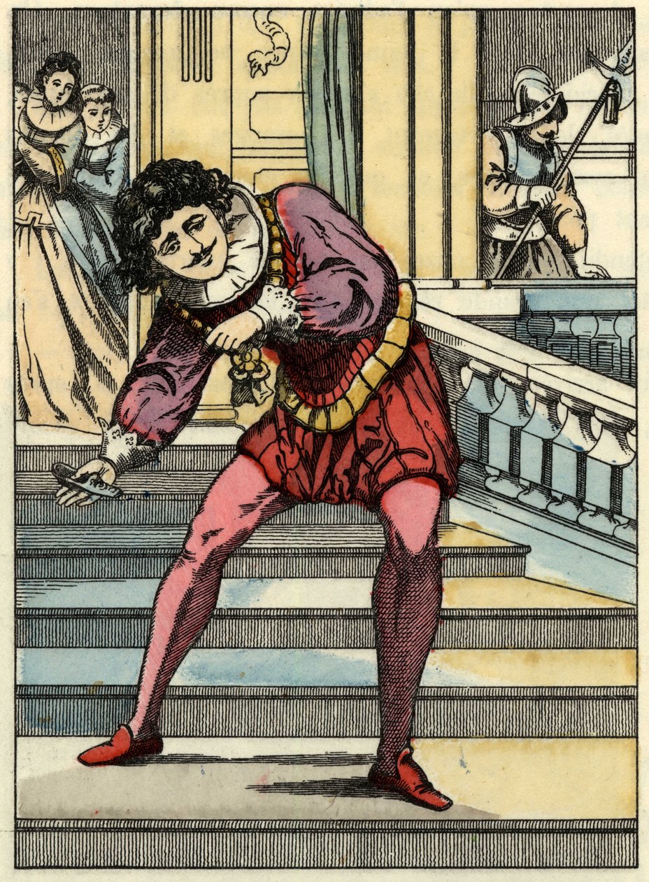 Der Prinz hebt den Glasschuh von Aschenputtel auf. Illustration aus Charles Perraults Märchen „Aschenputtel oder Der kleine Glasschuh“ von Unknown artist