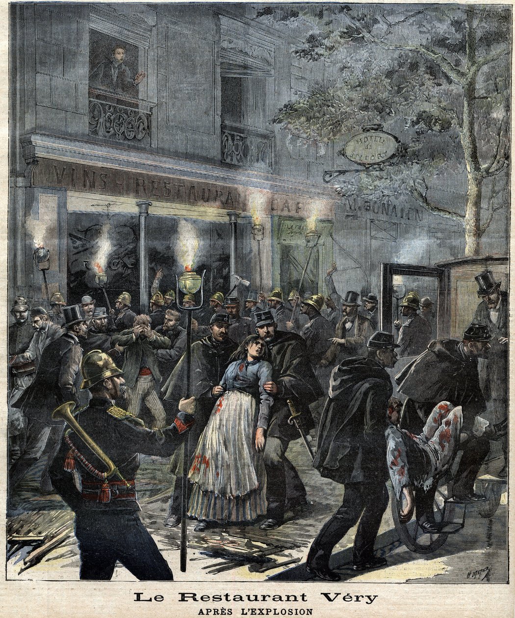 Das Restaurant Very (24 Boulevard Magenta in Paris) nach der Explosion durch den Anschlag des Anarchisten Francois Koenigstein alias Ravachol (1859 - 1892) am 30. März 1892. In „Le Petit Journal“ von Unknown artist