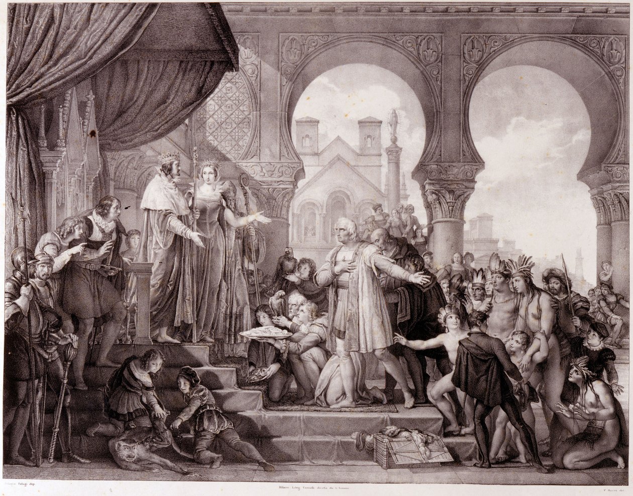 Die Rückkehr von Christoph Kolumbus nach Spanien vor König Ferdinand II. von Aragon und Isabella I. von Kastilien (genannt die Katholische) nach der Entdeckung Amerikas. Gravur des 19. Jahrhunderts. von Unknown artist