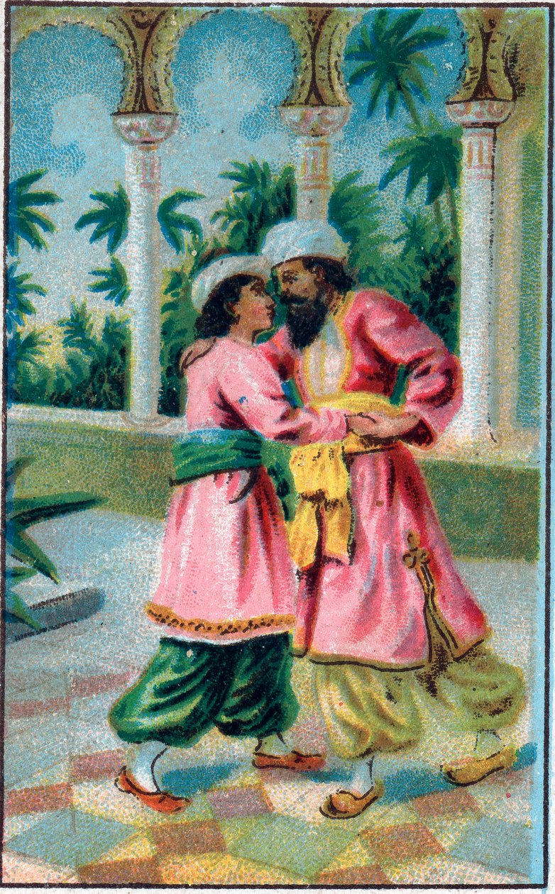 Die Rückkehr des Prinzen. Geschichte „Histoire du cheval enchanté“ in „Les mille et une nuits“ (die 1001 Nächte). Chromolithographie aus dem späten 19. Jahrhundert. von Unknown artist