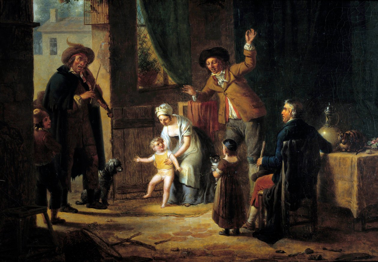 Der reisende Musiker Ein Geiger spielt Musik an der Tür eines Familienhauses. Anonymes Gemälde. 1819 Paris, Decorative Arts von Unknown artist