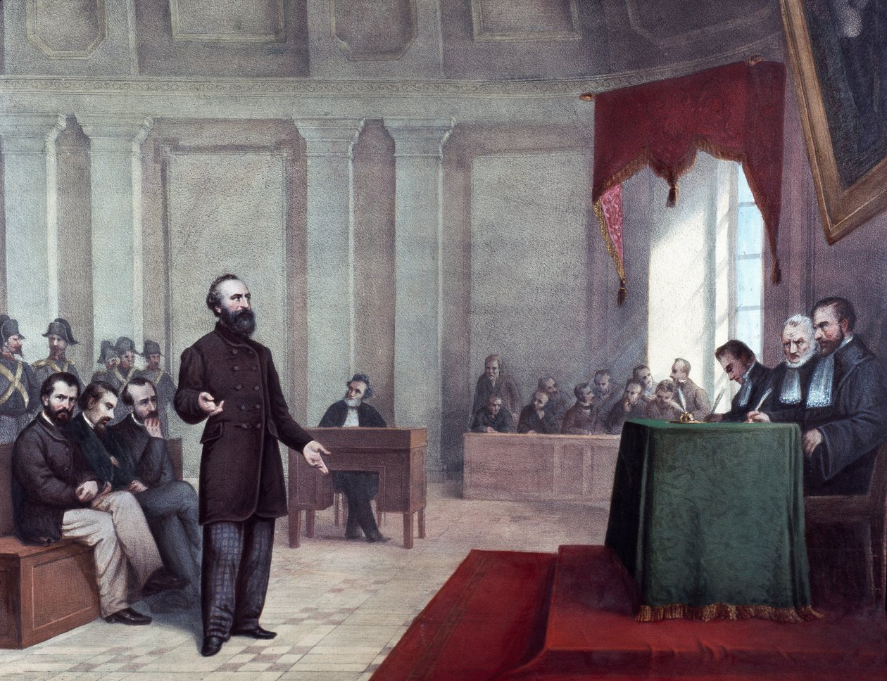 Der Prozess von Felice Orsini (1819 - 1858), der am 14. Januar 1858 das Attentat auf Napoleon III. verübte. Lithographie aus dem späten 19. Jahrhundert von Unknown artist