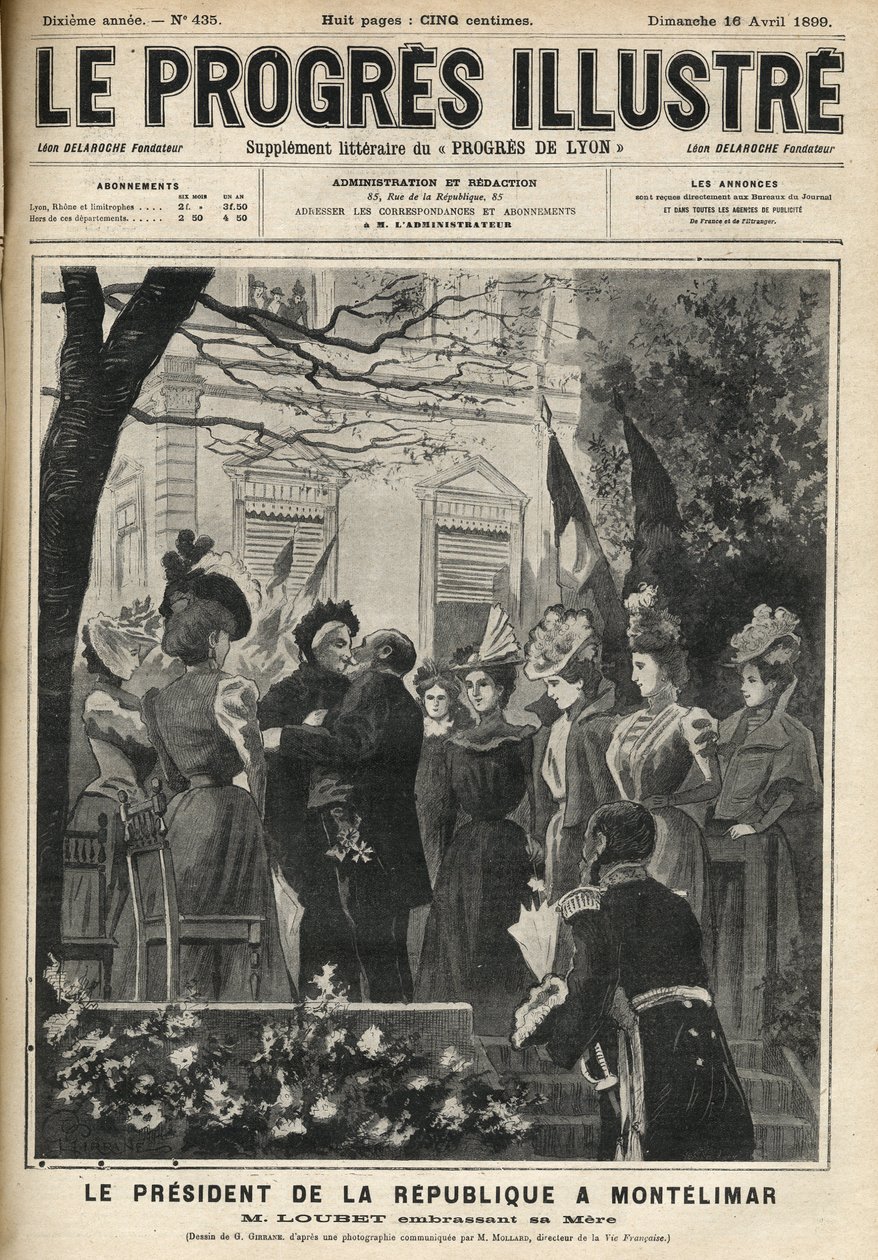 Die Reise des Präsidenten der Republik nach Montelimar (Drome, Frankreich): Emile Loubet (1838-1929) und seine Mutter. Gravur in „Der illustre Fortschritt“ von April 1899 von Unknown artist