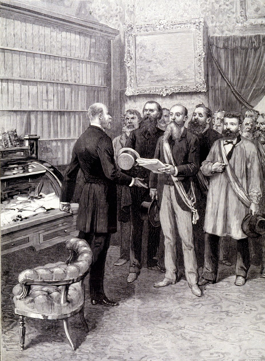 Der Besuch der Arbeiterdelegierten im Palais Bourbon (Jules Guesde, Herr Ferroul, Herr Baudin und Herr Thivrier) beim Generalsekretär der Präsidentschaft: Herr Martin, während der Demonstration am 1. Mai von Unknown artist
