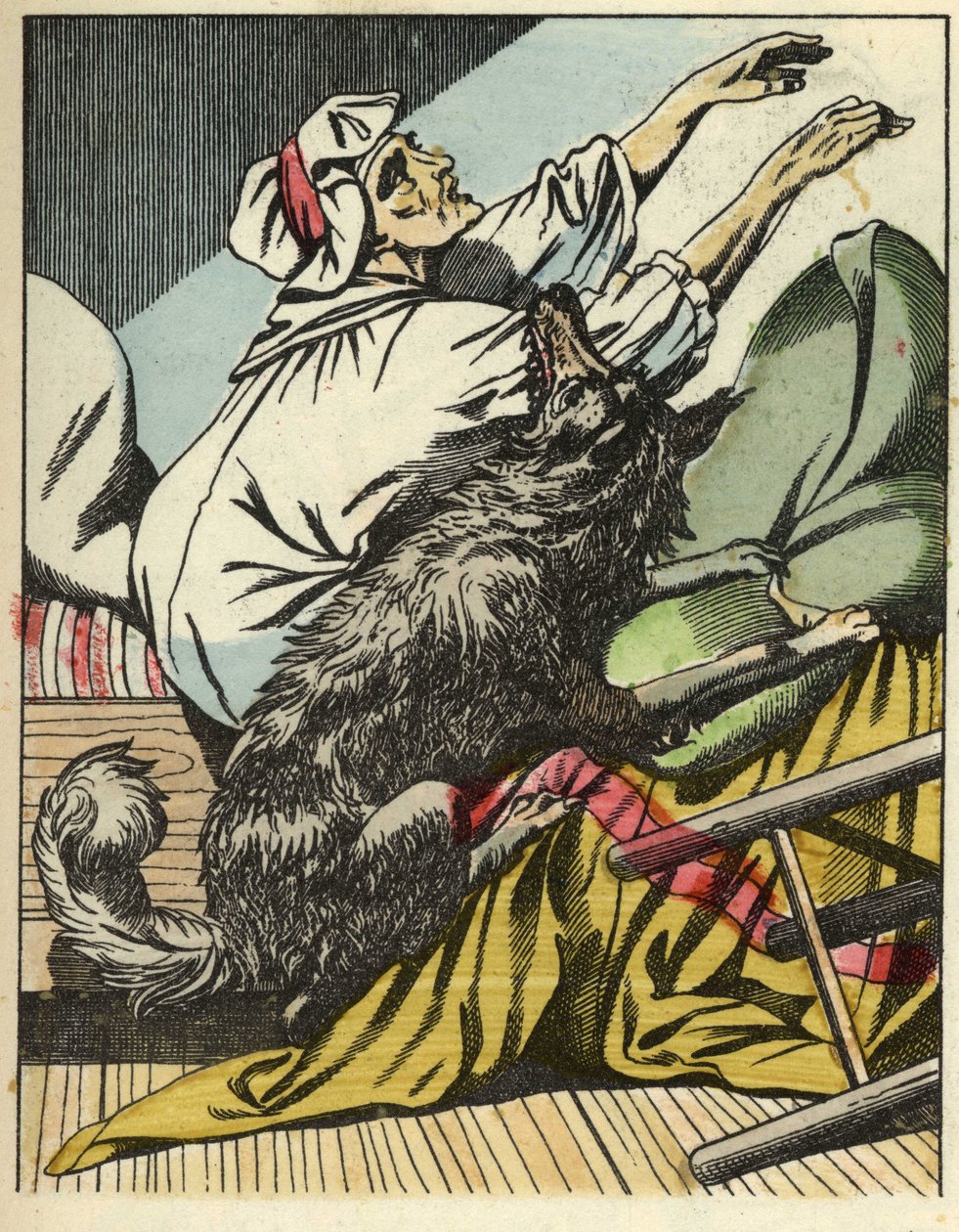Der Wolf schlägt die Großmutter von Rotkäppchen. Illustration des Märchens „Rotkäppchen“ von Charles Perrault von Unknown artist