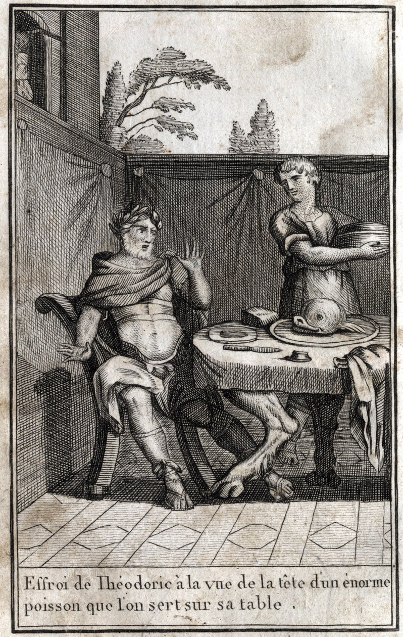 Theoderich der Große (ca. 454/455-526), König der Goten, erschrickt beim Anblick des Kopfes eines riesigen Fisches, der auf seinem Tisch serviert wird. Stich in „Beauté de l