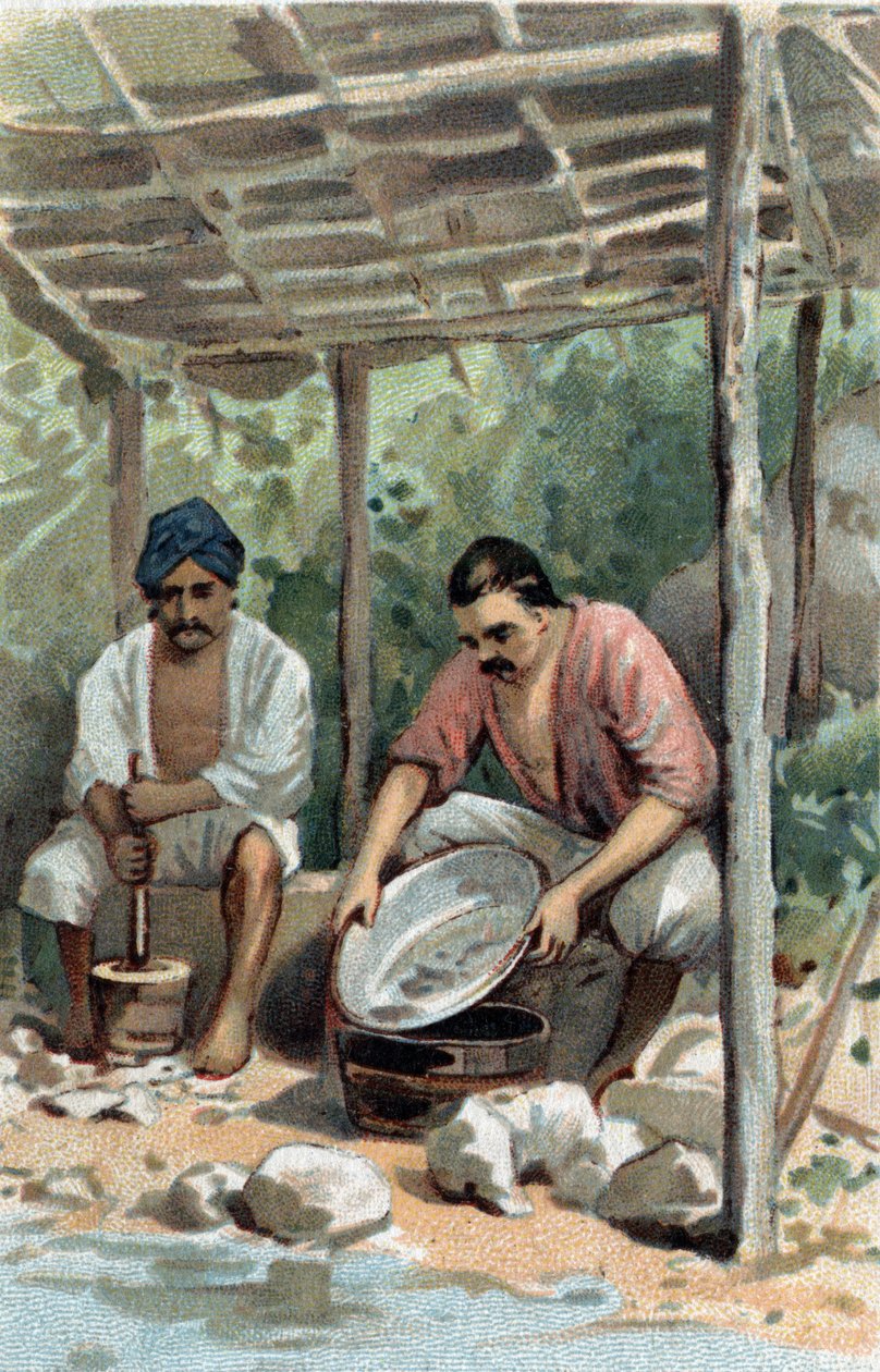 Zinnwäscher in Malakka, Malaysia. Chromolithographie des späten 19. Jahrhunderts. von Unknown artist
