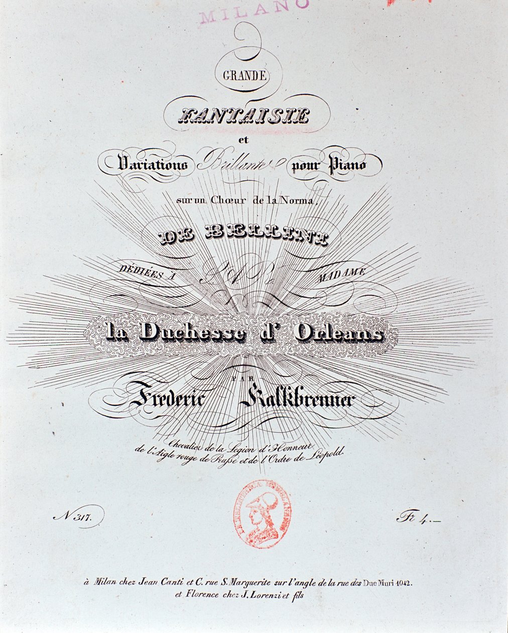 Titelseite der Partitur von Grande Fantaisie von F Kalkbrenner von Unknown artist