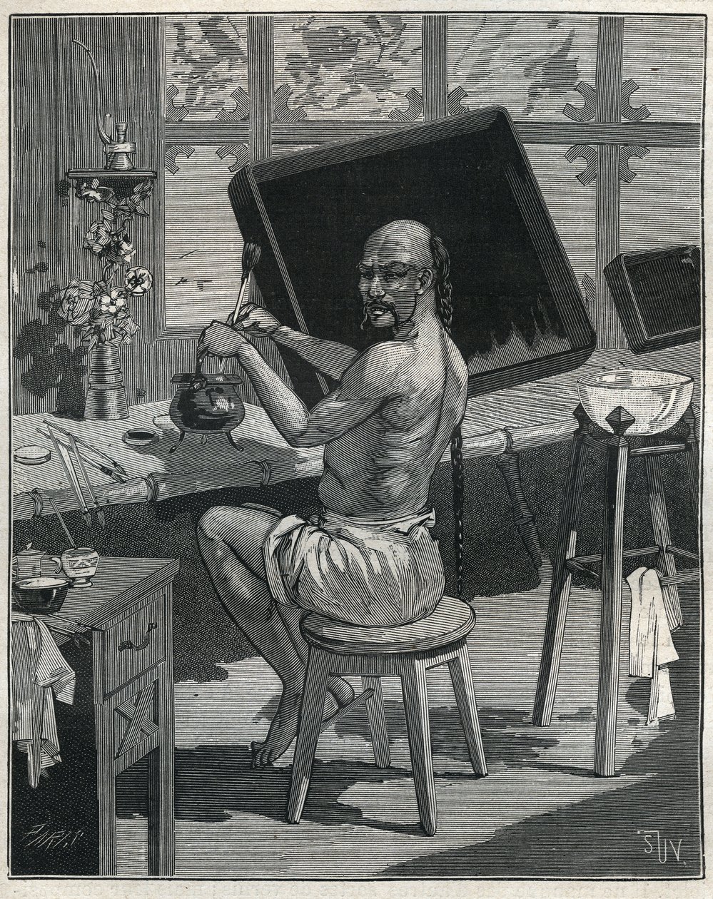 Tong-Öllack in China. Gravur von 1885 in „Les arts et métiers illustrés“ von Adolphe Bitard. von Unknown artist