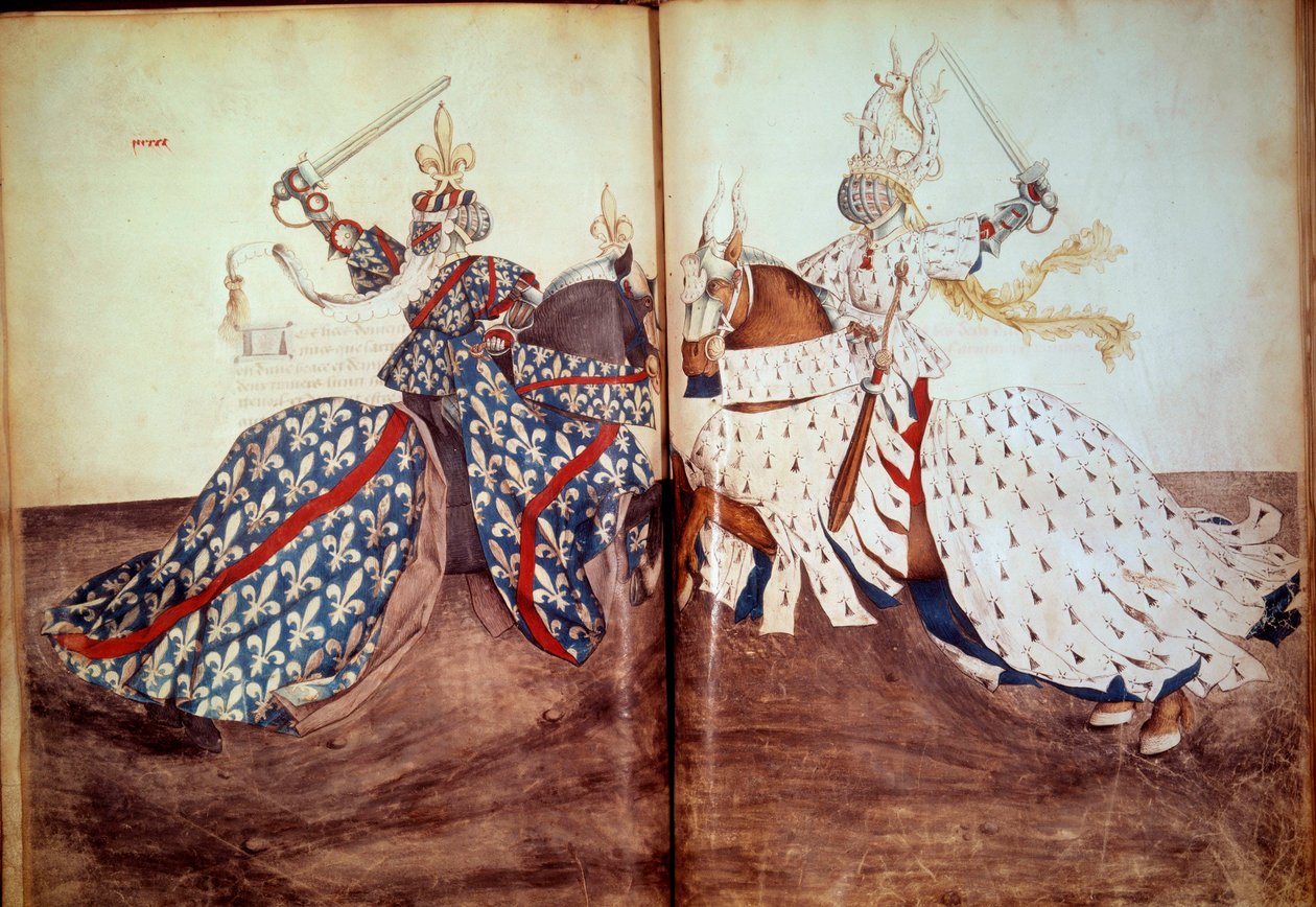 Turnier: Spiel des anklagenden Herrn und des verteidigenden Herrn (Herzog von Bretagne und Herzog von Bourbon gegenüber). Manuskript „Buch der Turniere“ von Rene d