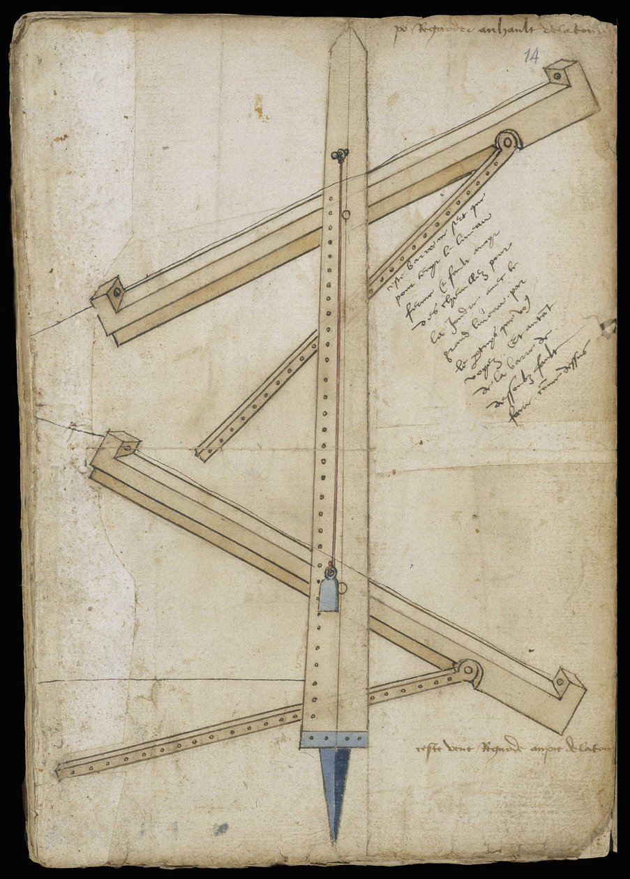Turmmessmaschine - Manuskript: Pergamentblatt eines Ingenieurhandbuchs für den Bau ziviler, religiöser und militärischer Gebäude, anonym, späte 15. Jahrhundert (Figur in chinesischer Tinte) von Unknown artist
