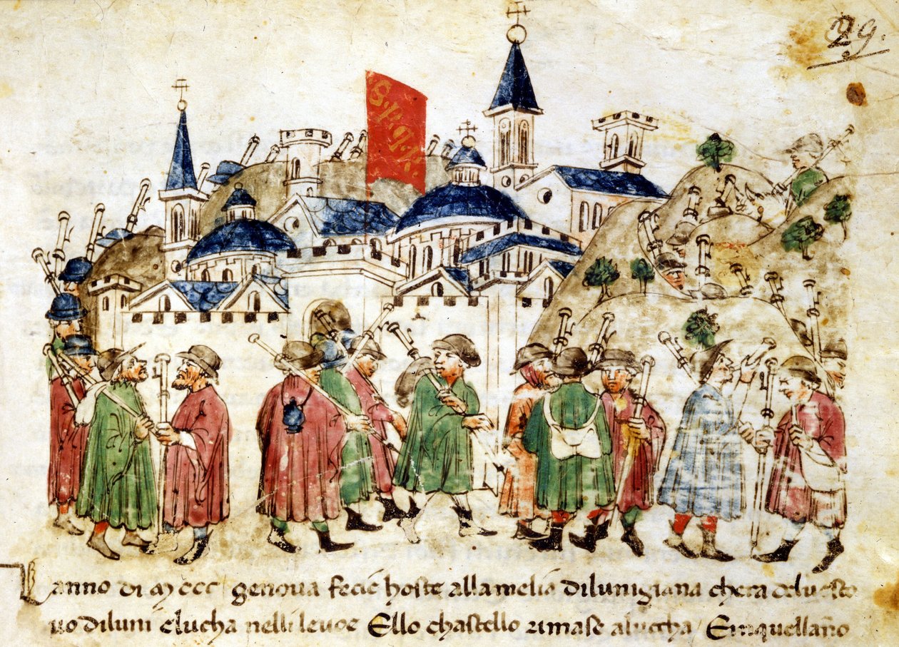Reisende Pilger kommen in Rom an. 14. Jahrhundert. Chroniken Sercambi. Lucca, Nationalarchiv. von Unknown artist