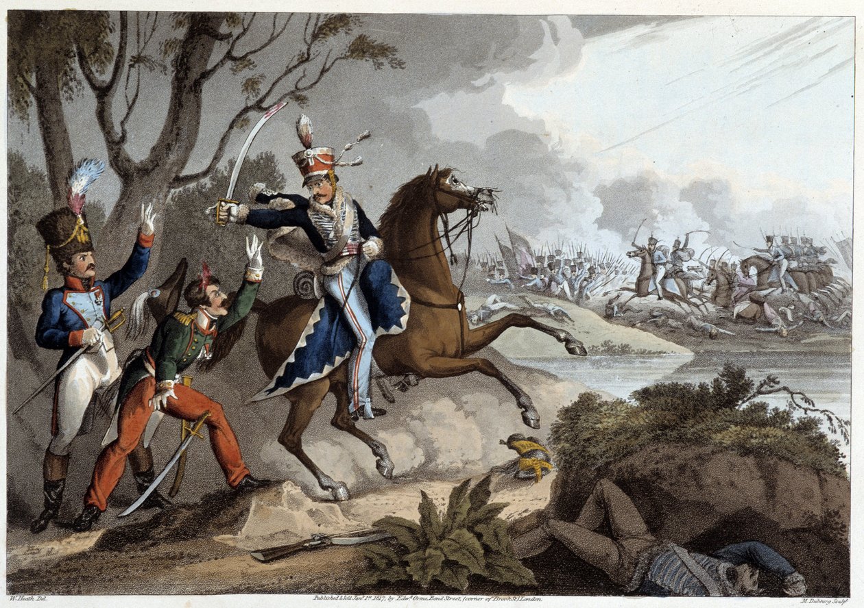 Zwei französische Offiziere, die in der Schlacht von Albuera gefangen genommen wurden - in „Historische, militärische und marine Anekdoten...“ von Edward Orme von Unknown artist