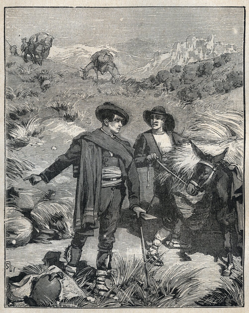 Zwei Bauern aus der Sierra Almagrera in Spanien entdeckten 1838 das Jaroso-Silbervorkommen. Gravur von 1885 in „Les arts et métiers illustrés“ von Adolphe Bitard. von Unknown artist