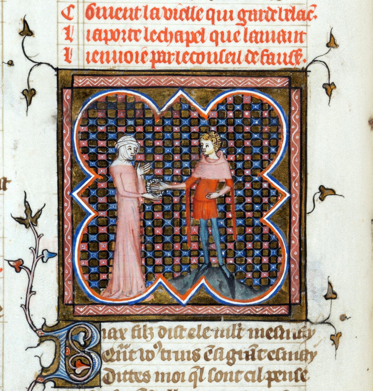 „Ein junger Mann und eine alte Frau“ Illustrierte Seite aus dem Manuskript „Le Roman de la Rose“ von Guillaume de Lorris (ca. 1200-1238) und Jean de Meun (1240-1305) um 1353, Schweiz, Bibliothek von Genf von Unknown artist