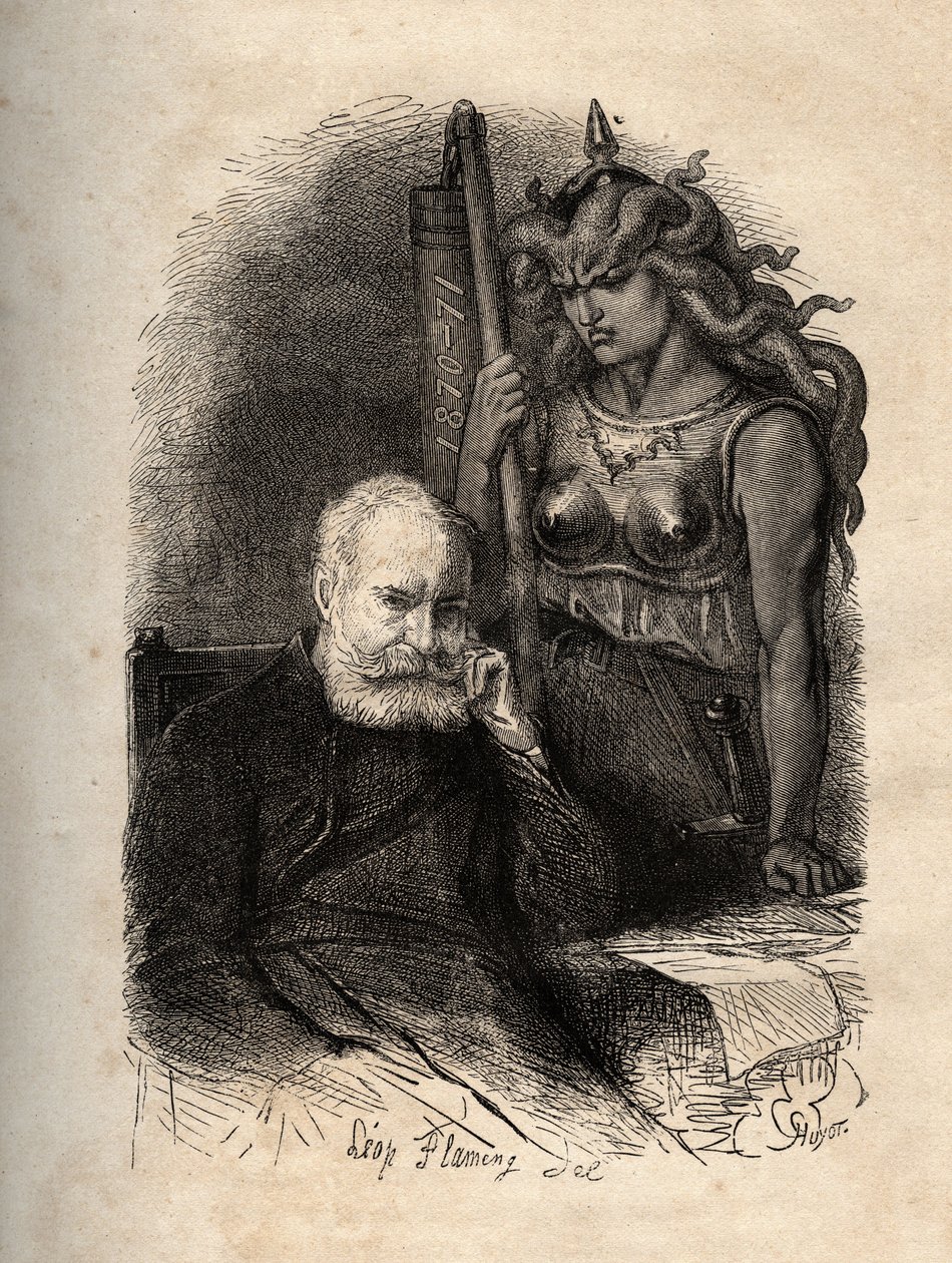 Victor Hugo sitzt mit einer Kriegsgöttin - Gravur aus „Das Schreckliche Jahr“ („L