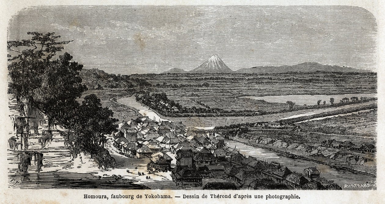 Ansicht von Homoura, Vorort von Yokohama, mit dem Fuji im Hintergrund. Gravur zur Illustration der Reise nach Japan in den Jahren 1863-1864 von Aime Humbert, Minister der Schweizerischen Eidgenossenschaft, in „Le tour du monde, nouveau journal des voyages“ von Unknown artist