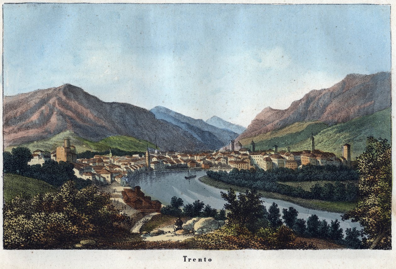 Ansicht von Trient (Südtirol, Italien) (Trento) - 19. Jahrhundert - Gravur aus „Usi e Costumi di Tutti i Popoli dell