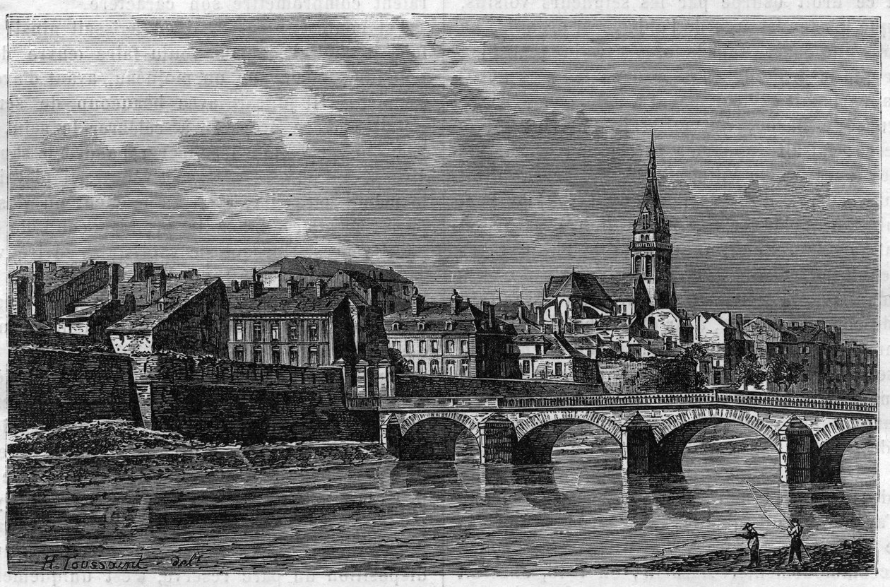 Ansicht der Stadt Mézières Ende des 19. Jahrhunderts. Gravur in „le journal de la Jeunesse“ von 1888. von Unknown artist