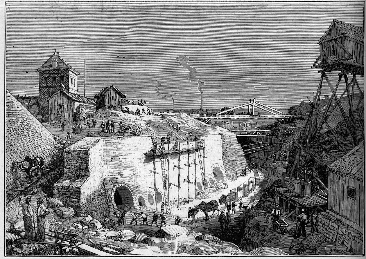 Ansicht der Baustelle der Trinkwassertanks von Villejuif. Gravur in „Le Monde Illustré“ Nr. 1300 vom 25. Februar von Unknown artist