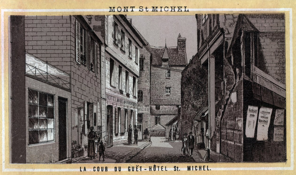 Ansicht des Hofes des Guet-Hotels auf dem Mont Saint Michel, Manche, Normandie. Chromolithographie aus dem späten 19. Jahrhundert. von Unknown artist