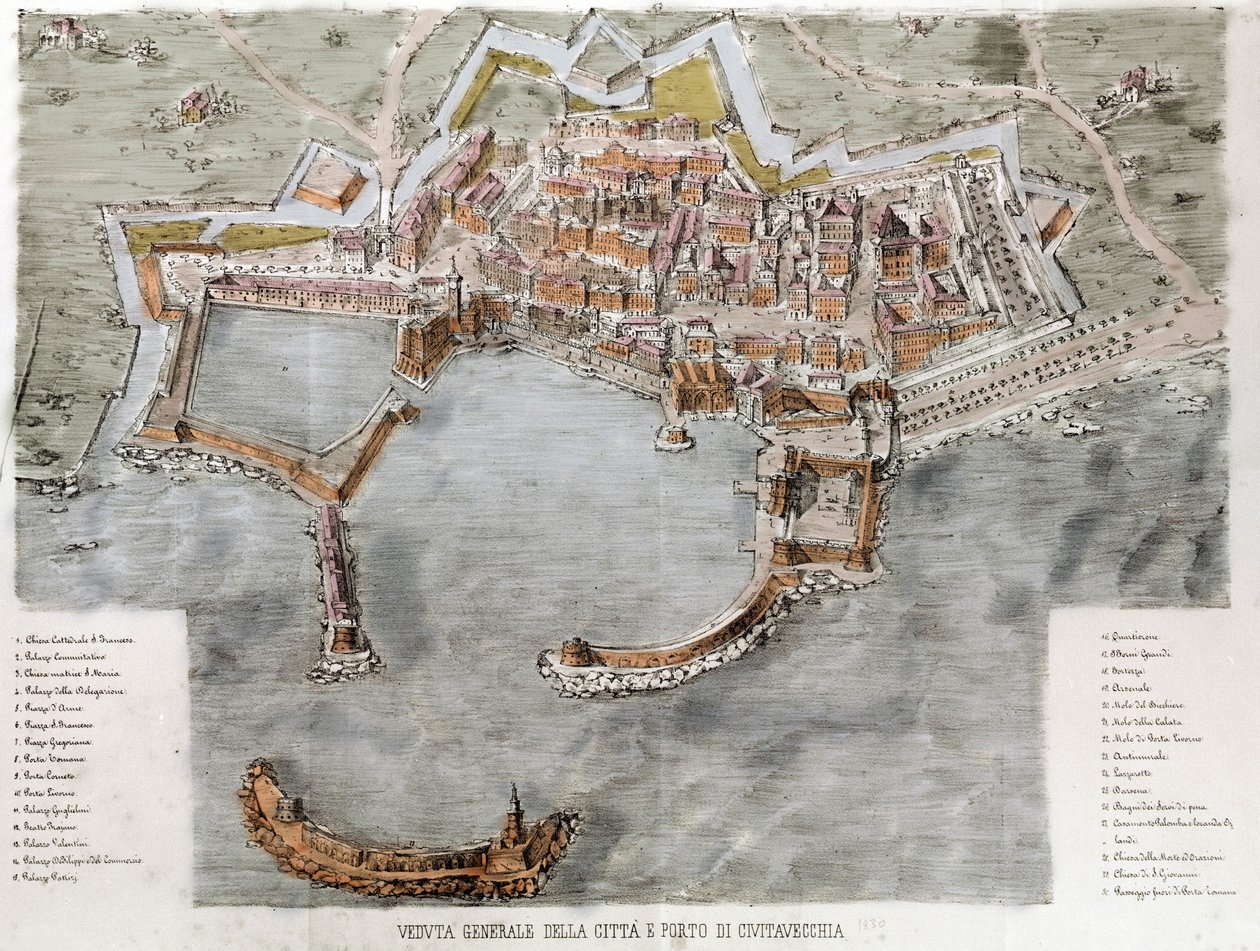 Ansicht des Hafens von Civitavecchia bei Rom. 19. Jahrhundert