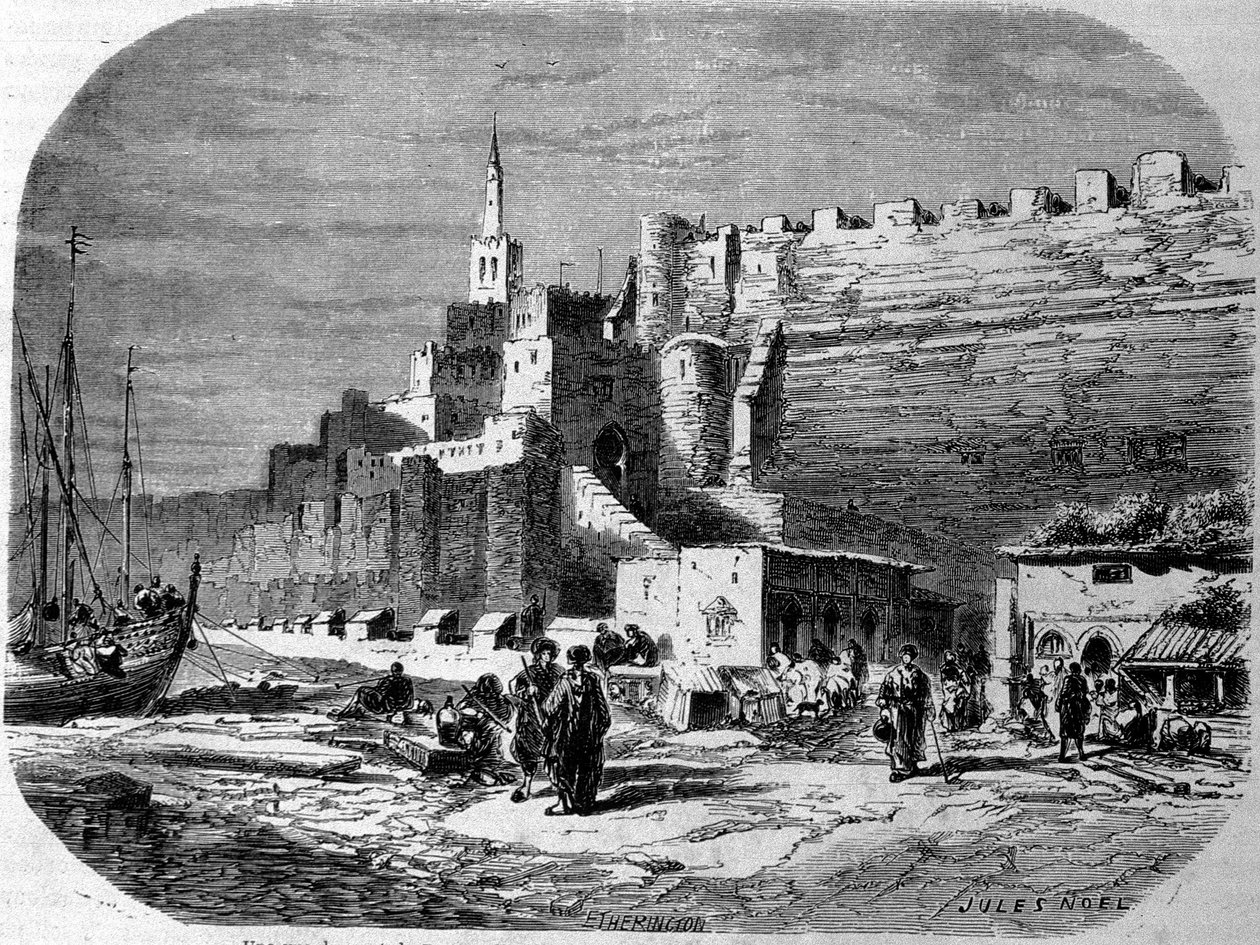 Ansicht des Hafens der befestigten Stadt Tanger und der Küste, Marokko. Gravur von 1860. von Unknown artist