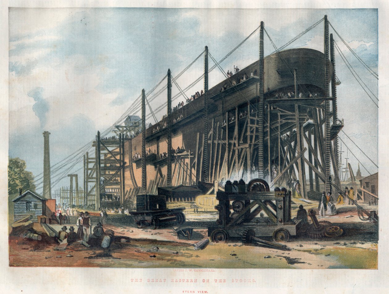 Ansicht des Hecks des transatlantischen Liners „Great Eastern“ (Leviathan) im Bau auf der Werft an der Themse in London. Gravur in „The Illustrated London News“ vom 7. November 1857. von Unknown artist