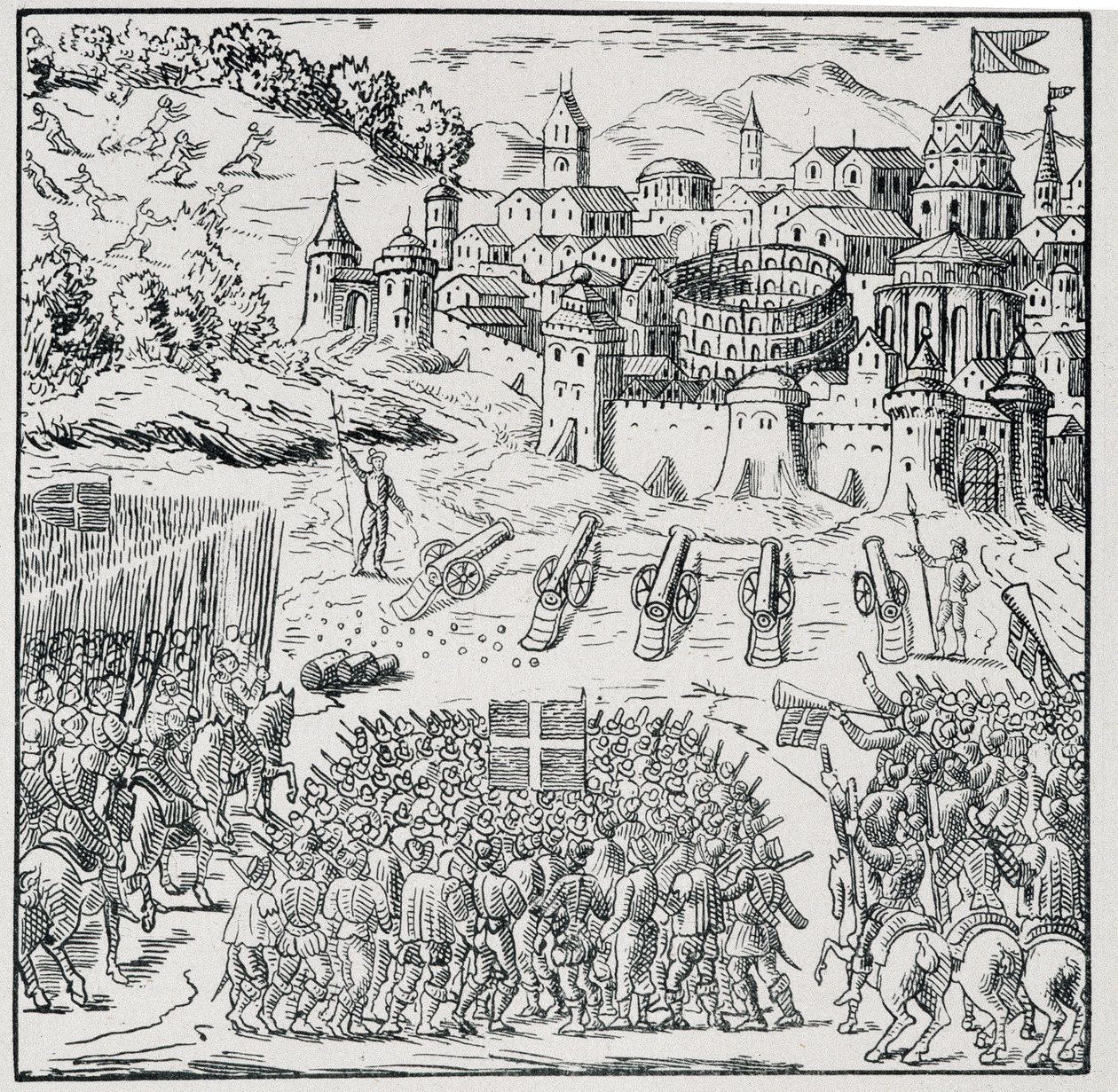 Religionskrieg: Die Stadt Nîmes belagert von der Armee des Königs (Heinrich III.) im Jahr 1576 - in „Sammlung von 39 Figuren, die die Katastrophen Frankreichs von 1562 bis 1586 darstellen“, Louis Perrin Druckerei von Unknown artist